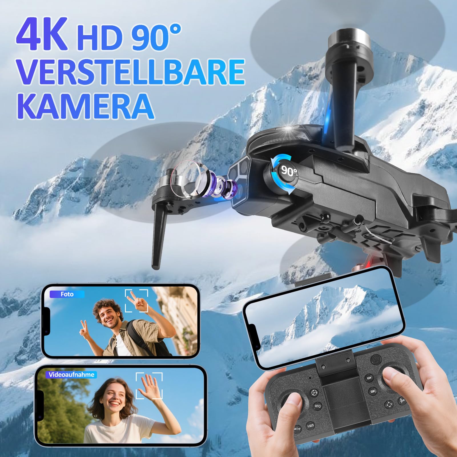 Drohne mit Kamera HD 4K,RC Faltbare FPV WiFi Live Ãœbertragung Drohne für Kinder Anfänger, 2 Akku,Bürstenloser Motor, Flugbahnflug, Hindernisvermeidung, One Key Start/Landen, Headless Modus