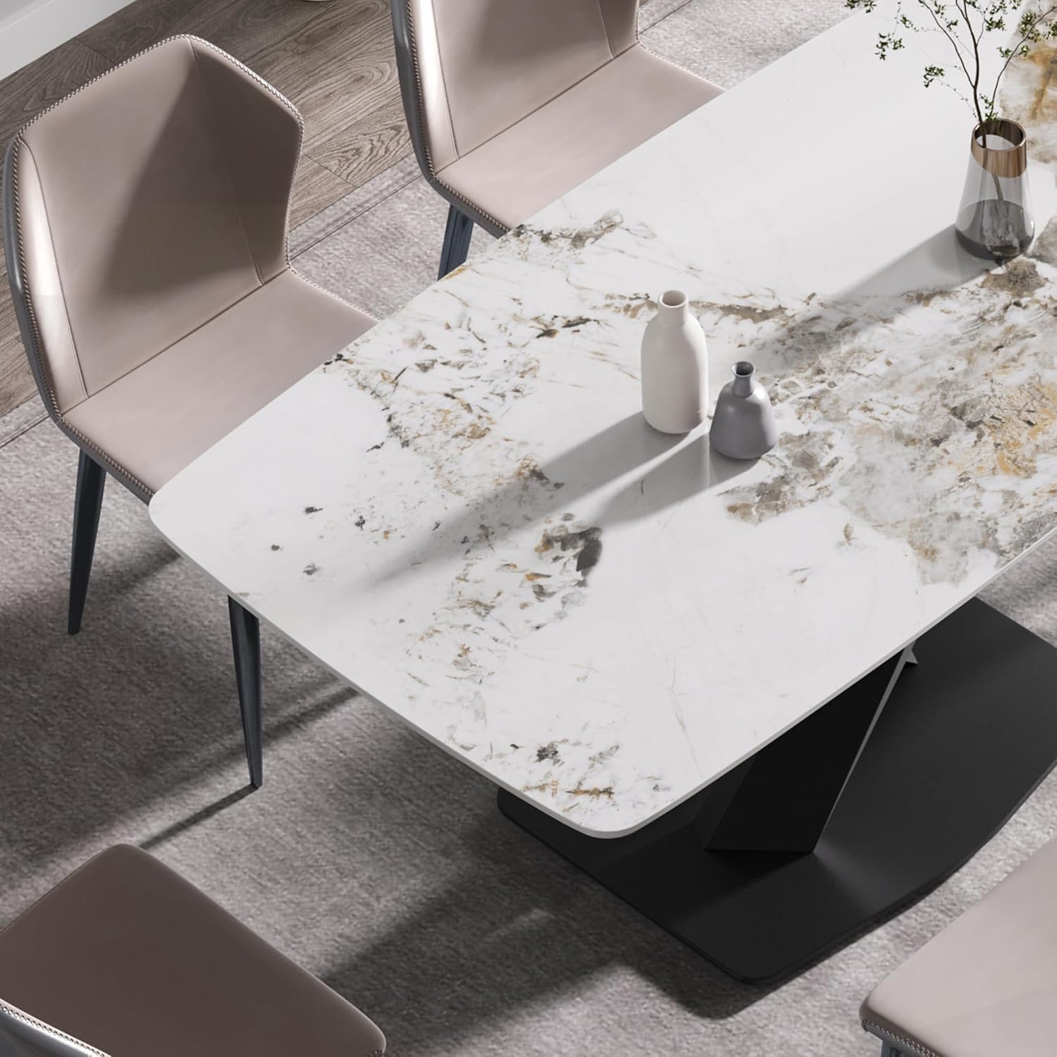 Leavader Marble Dining Table with Pandora Marble Top and Carbon Steel Base, 63" Sintered Stone Dining Table for Kitchen Dining Room