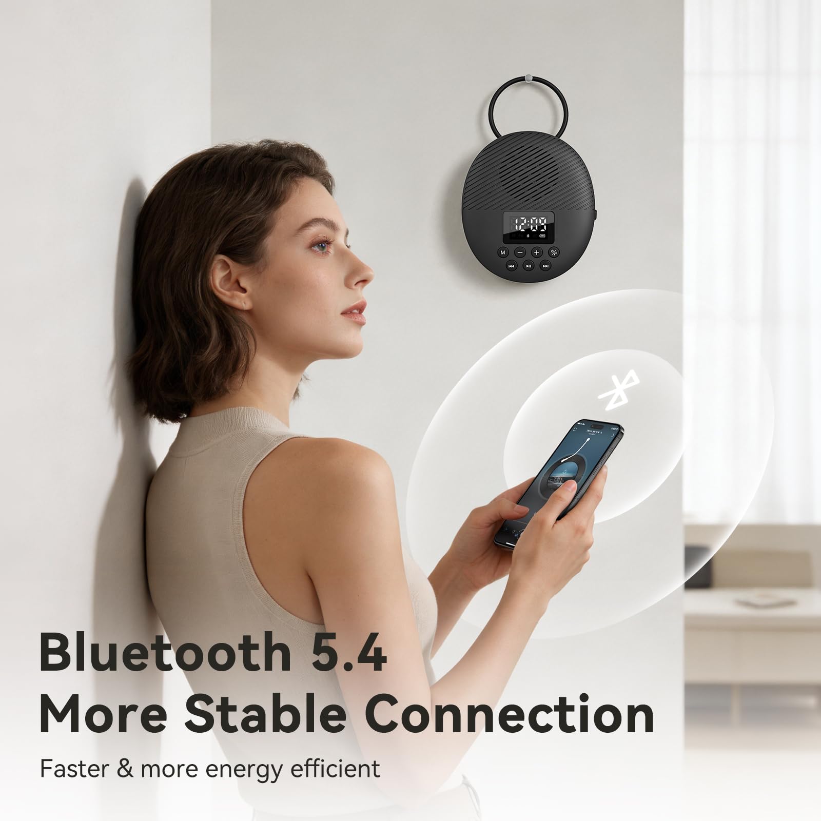 AGPTEK Duschradio Bluetooth 5.4 Badradio | mit Uhr, Lautsprecher, LED-Display & Wecker, IPX5 Wasserdicht Mini Radio for the Bathroom Radio mit Saugnapf & Aufhängeseil