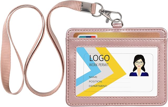 Teskyer Card Holder with Lanyard, Badge Holder with Clear Window and Holds 2 Cards, PU Leather Horizontal Badge Holder for ID Cards, Offices, Schools, Bus Passes, Rose Gold