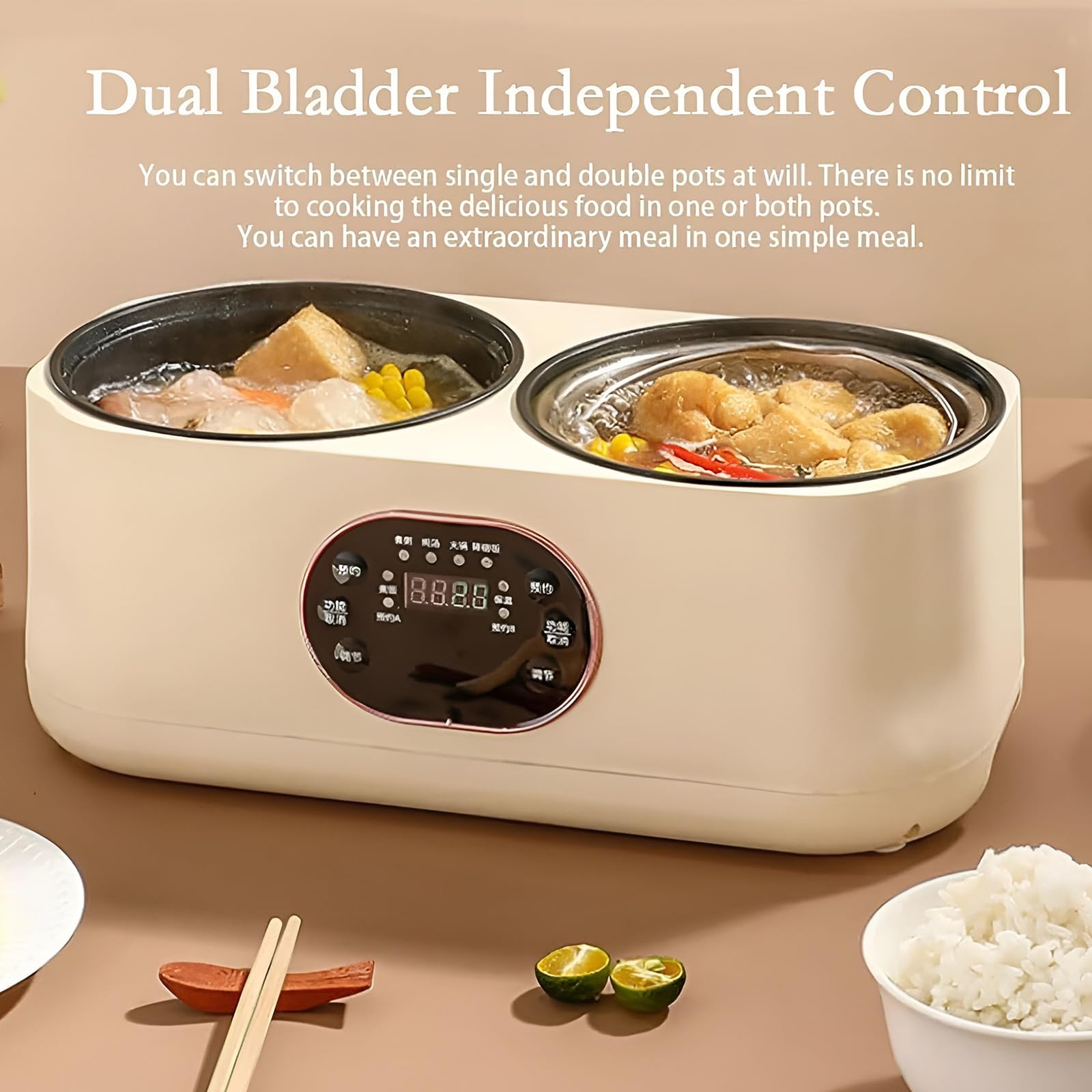 Olla de arroz Multifuncional, Olla Caliente eléctrica Totalmente automática, Olla de cocción Doble, 1.8 l + 1.8 L de Capacidad, 6 Funciones, se Pueden programar y Mantener el Revestimiento Caliente