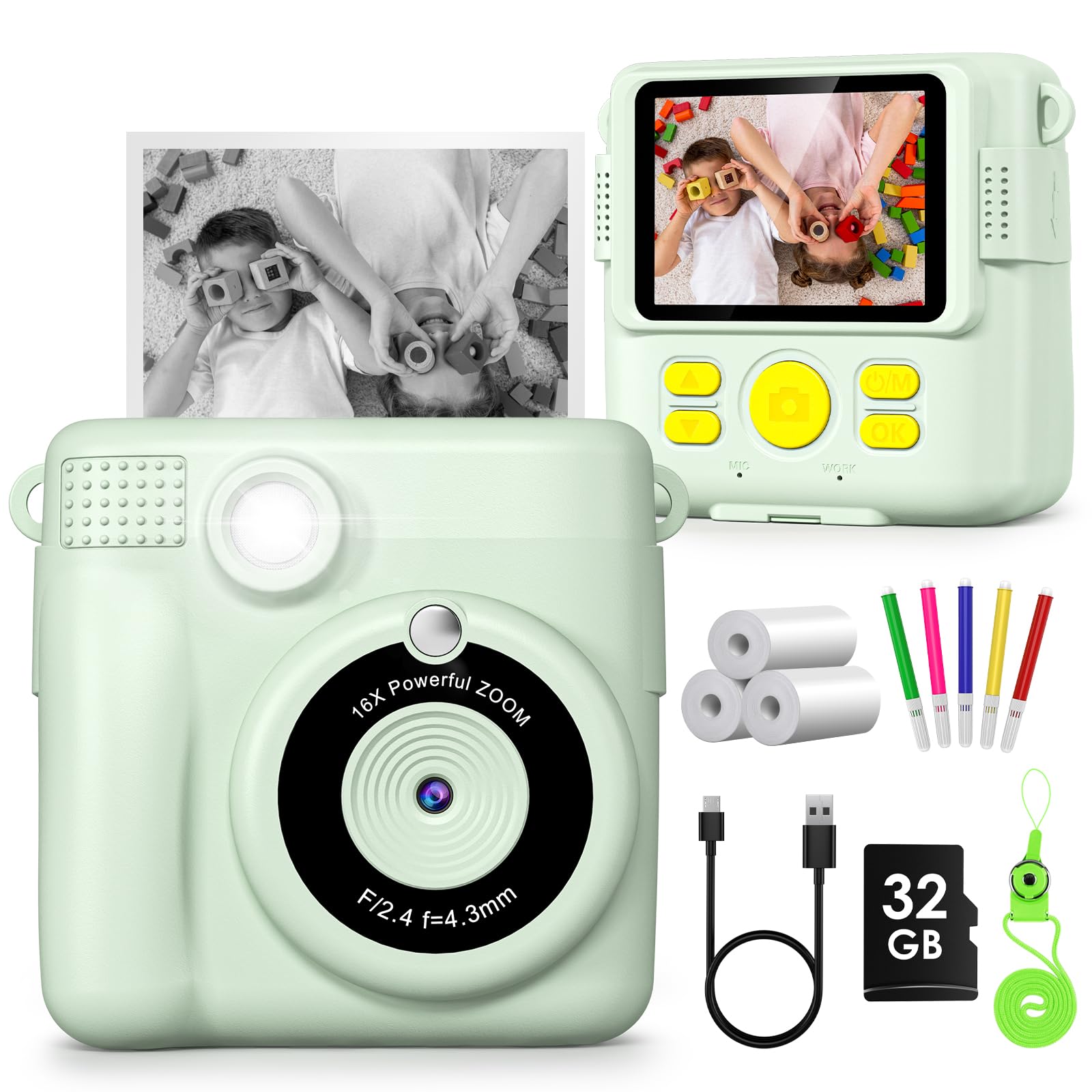 Gofunly Macchina Fotografica Istantanea per Bambini, 2.4 Pollici Fotocamera Istantanea Bambini con 32GB Scheda, 12MP/1080P HD Videocamera Fotocamera Digitali per Bambino da 3-12 Anni