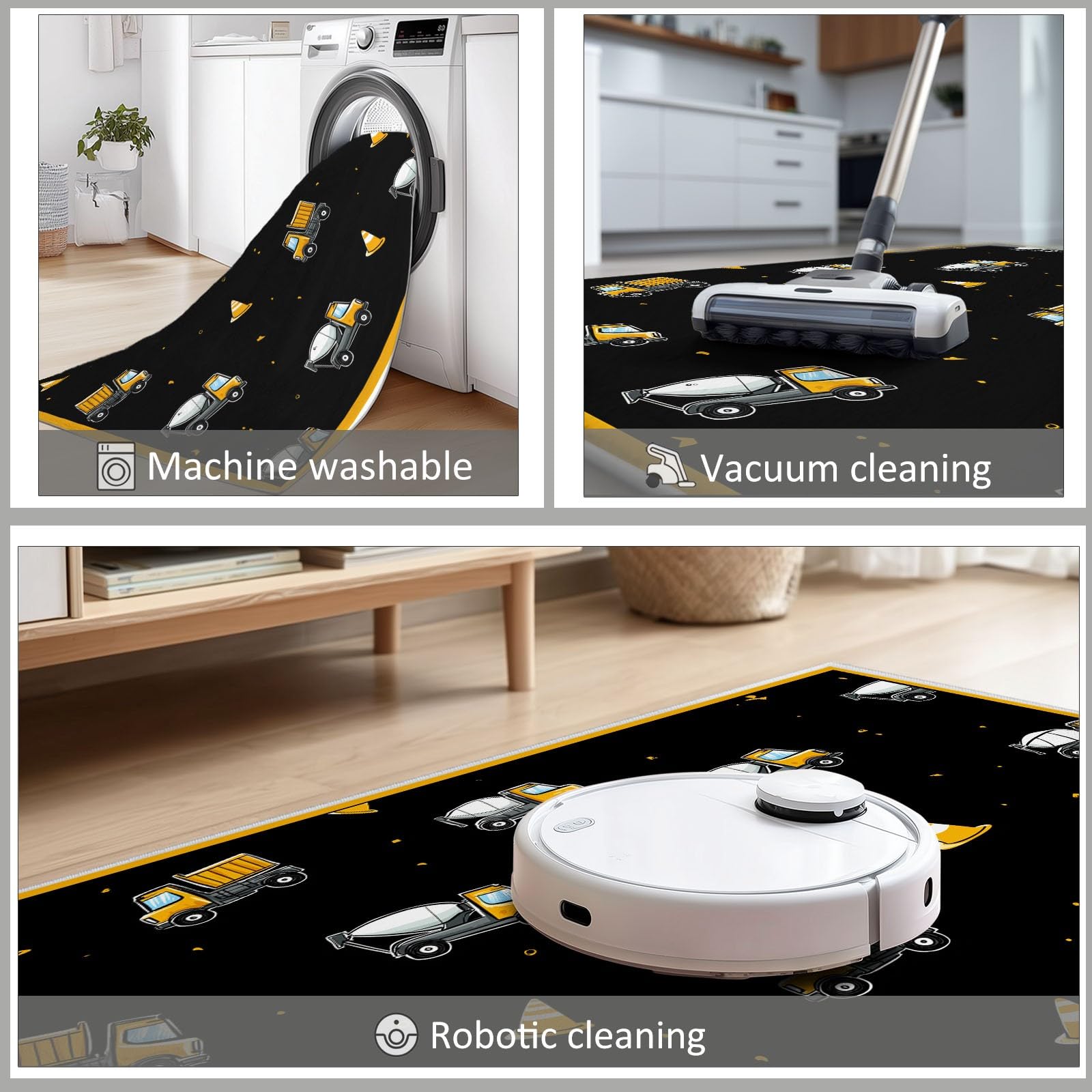 Generico Tappeto Salotto 80 x 150cm, Morbido Tappeto Scendiletto Camera da Letto Tema di costruzione camion dei cartoni animati Nero Tappeti Lavabili per Salotto Cameretta Bambino Pieghevole