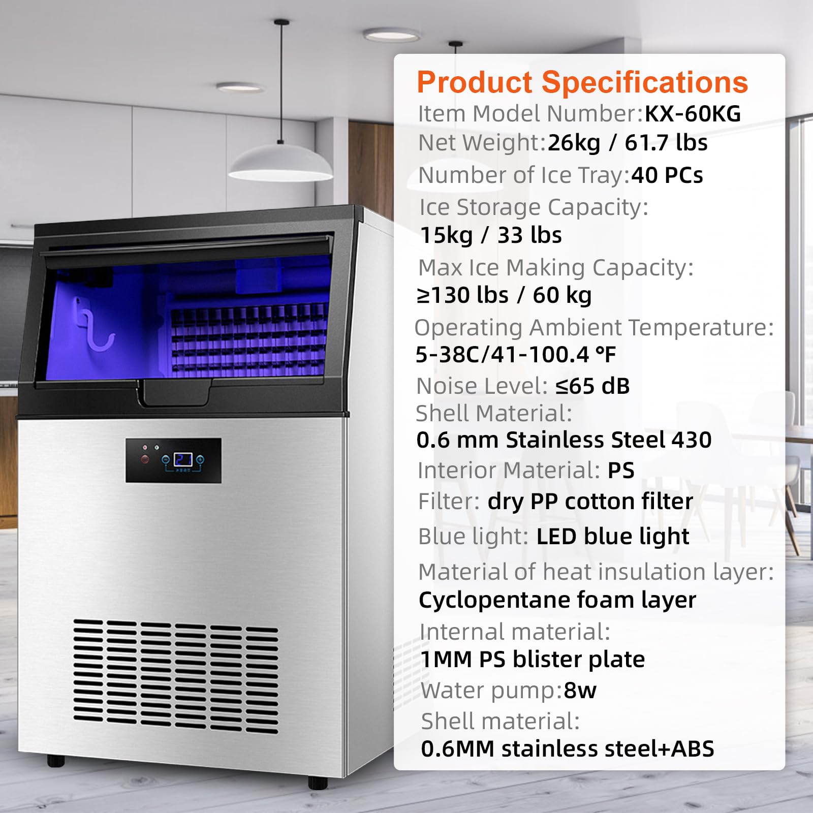 Macchina per il ghiaccio commerciale, 60 kg/24 h, grande contenitore da 15 kg, 40 cubetti di ghiaccio a sfera, macchina per ghiaccio da tavolo in acciaio inox autopulente, con compressore da 201 W
