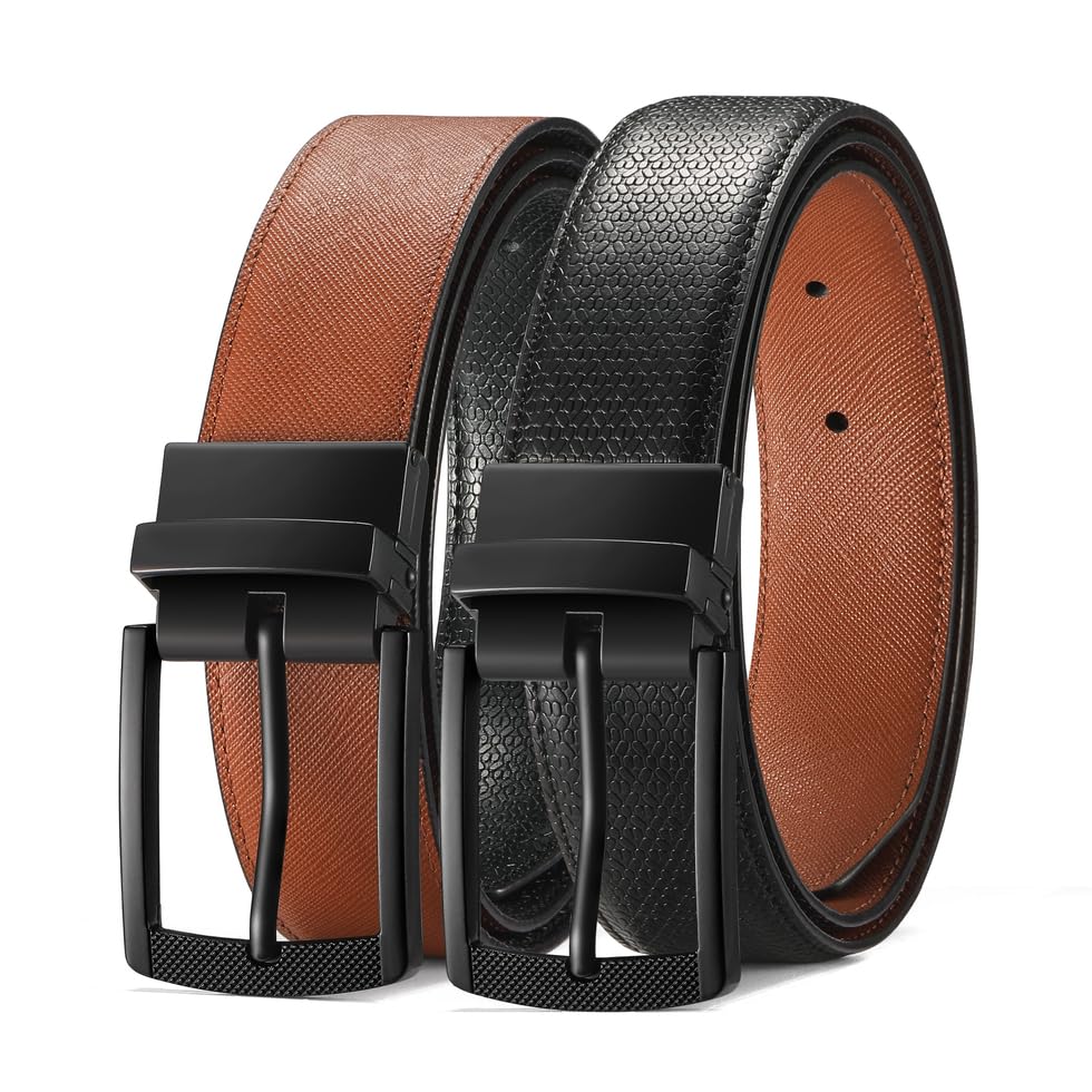 Men's Reversible Leather Belt for Dress Casual Jeans with Rotating Buckle - One Strap Reverse for 2 Sides