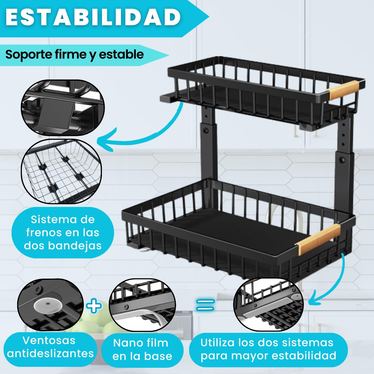 Organizador Bajo Fregadero Multiusos Fácil de Montar PREMIUM | Organizador Cocina, Baño, Lavadero | Acero Carbono 2 Niveles, Cestas Extraíbles, Altura Ajustable y Forma de L | Hogar y cocina