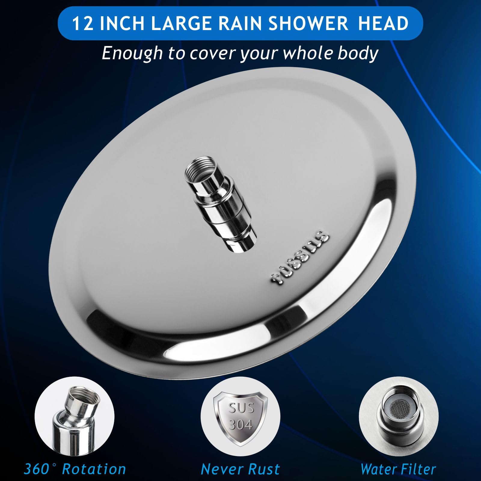 Soffione Doccia Voolan Rain con Braccio di Estensione, Soffioni a Pioggia in Acciaio Inossidabile, Soffione Doccia 30cm Rotondo ad Alto Flusso (Braccio Doccia 38cm)