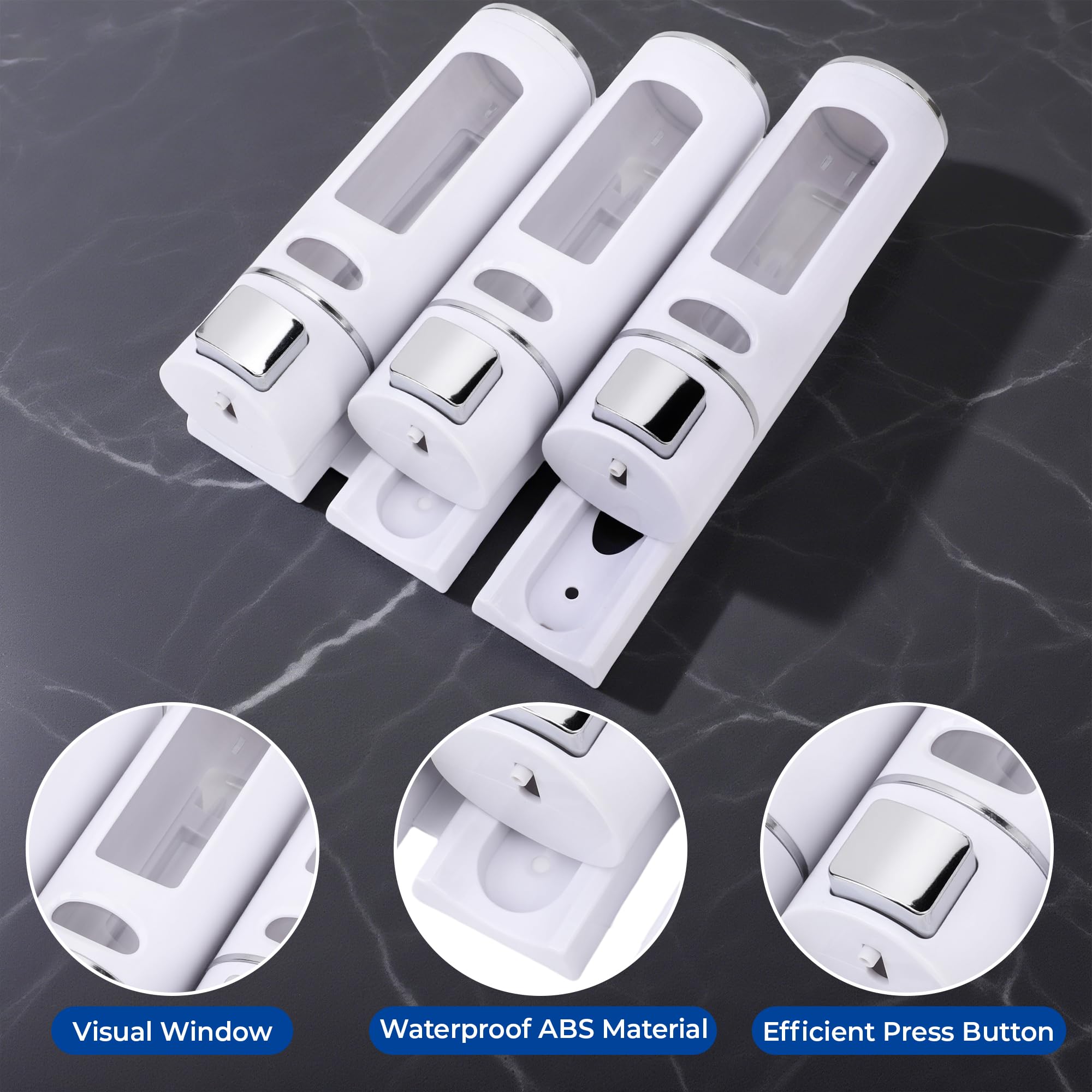 Dispensador de jabón, 3 cámaras de 400 ml, montado en la pared, sin taladro, color blanco