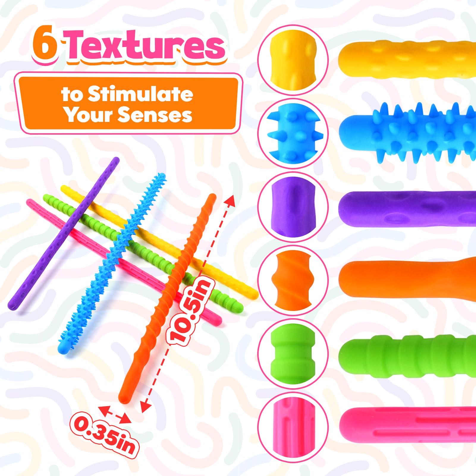 Jouet Portatif Voyage 6 Jouets Fidget Stick – Cordes Extensibles Texturées – Silencieux, Pour