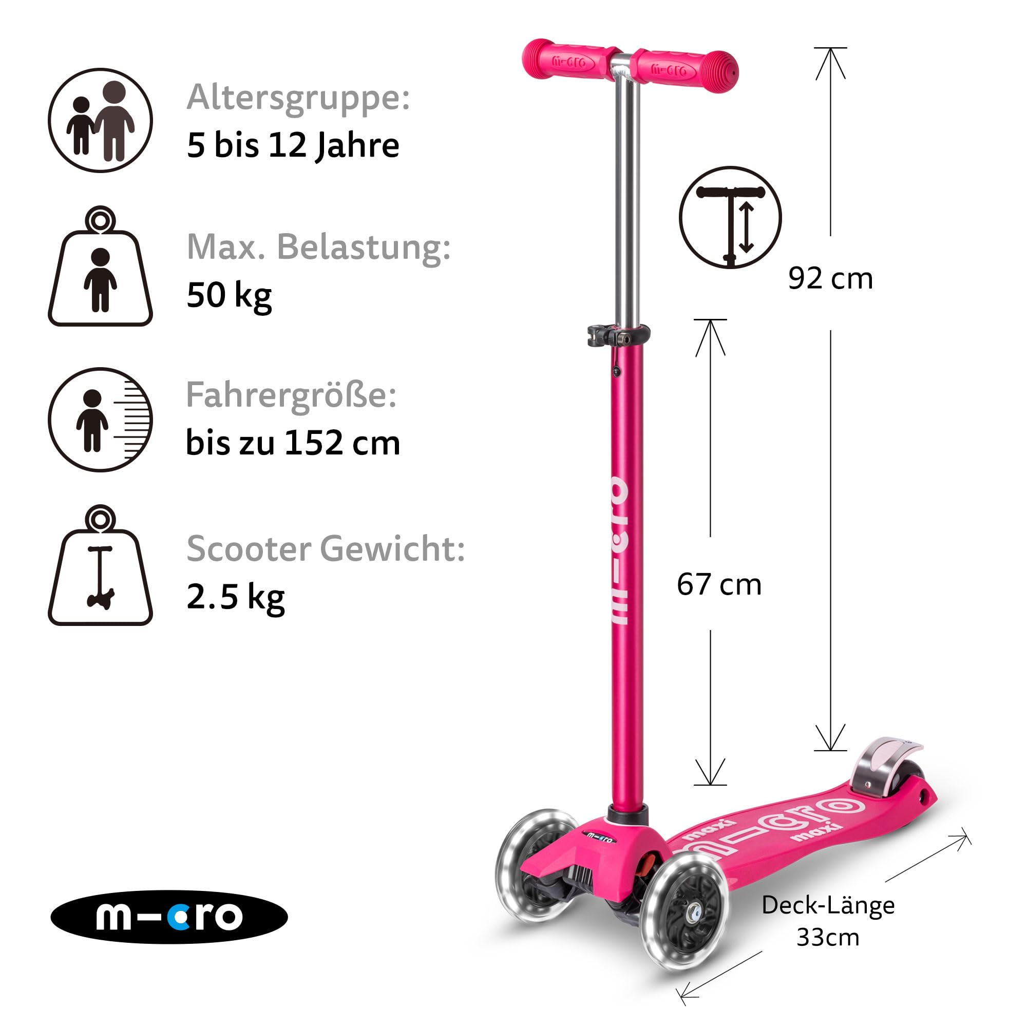 micro Maxi Deluxe LED Kickboard | Kickboard mit LED-Vorderrollen | Lenker höhenverstellbar | ab 5 Jahre | Kickboard in 6 Farben erhältlich