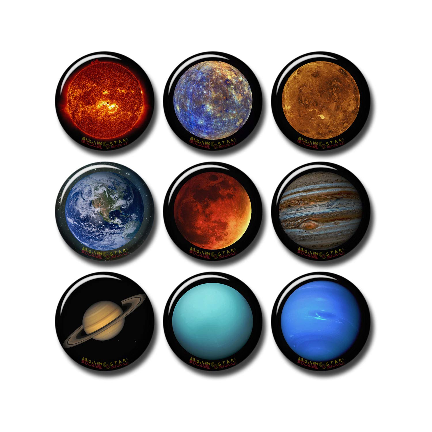 9 pcs Solar System Stars Planets Fridge Magnets Set Pack 1.5"/3.7cm, Universe Space Logo Mars Jupiter Mercury Venus Saturn Earth, 601-P001