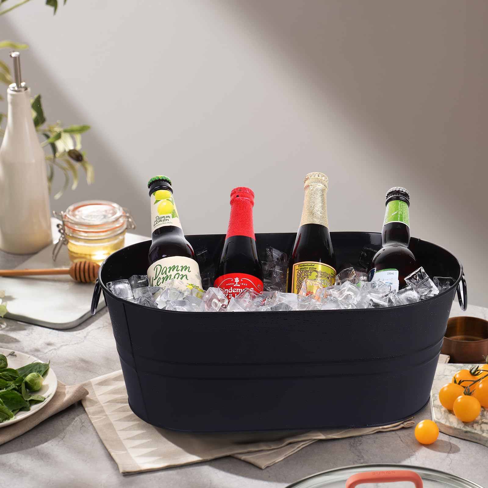 Galvanized Tub Beverage Tubs, 2pcs Metal Ice Buckets for Cocktail Bar 3 Gallon Wine Beer Drink Buckets with Handles Large Tub Cooler Mimosa Bar Supplies Ice Bucket for Parties (Black)