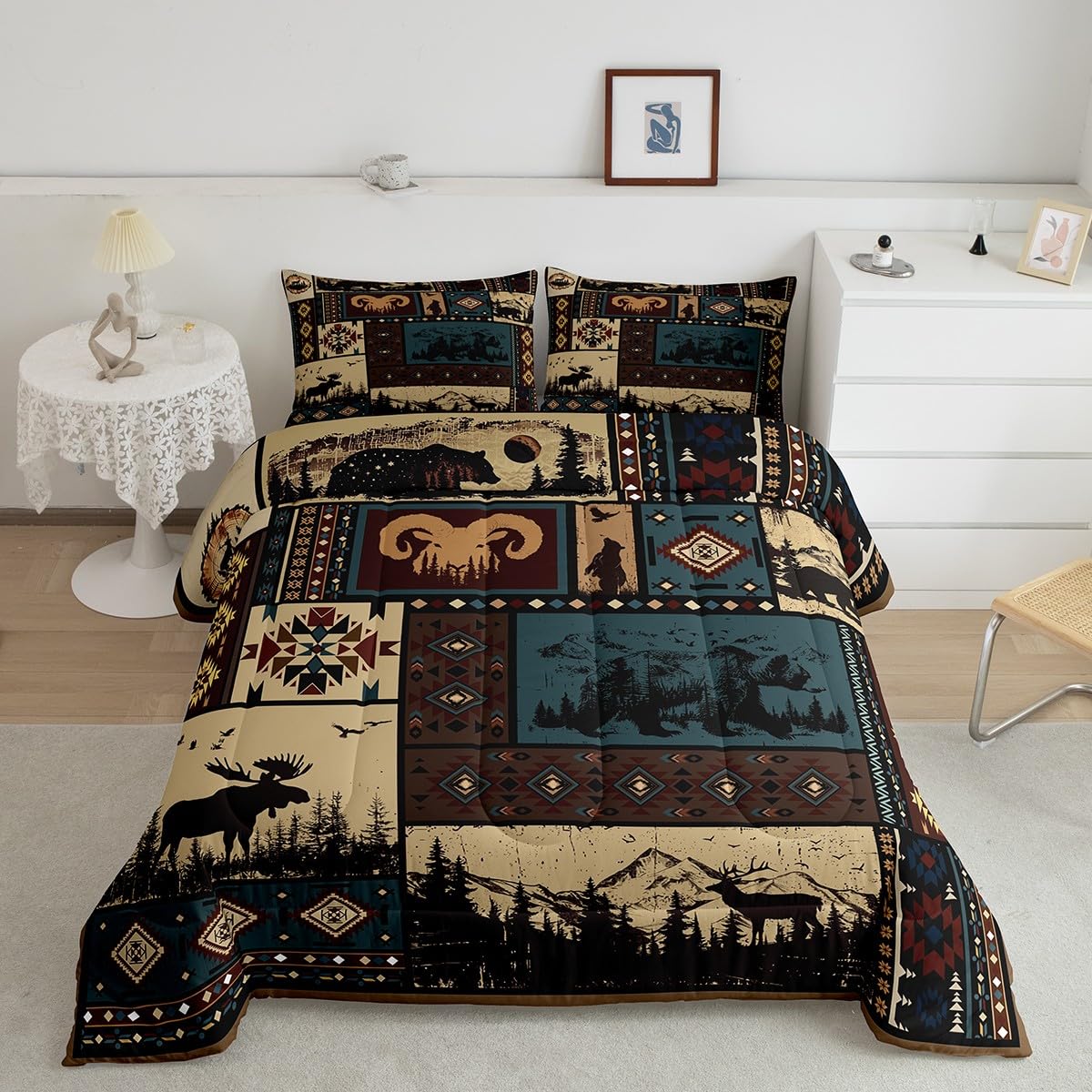 Erosebridal Aztec Comforter Sets King Rustic Southwestern American Native Bedding Set,Bear Deer Moose Quilt Retro Indian Style Hunting Animal Duvet