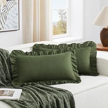 KKJIAF Olive Green Lumbar Pillow Covers 12x20 Inch Set of 2, Microfiber Ruffled Pillow Shams, Ruffle Sham Pillow Covers Lumbar Pillow Case for Couch Bed Livingroom