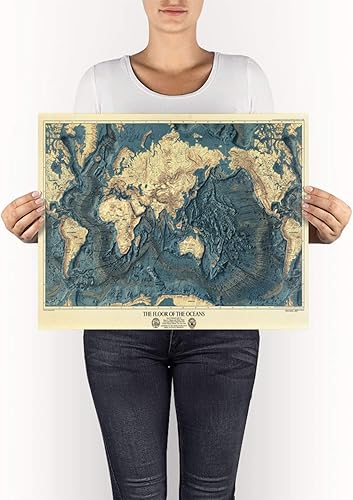 Miniatura 3 de Mapa de los Mundos Pisos Oceánicos y Alivio de la Tierra. 1976. Hardware de Restauración Vintage Estilo Home Deco Old Wall Reproducción mapa Imprimir