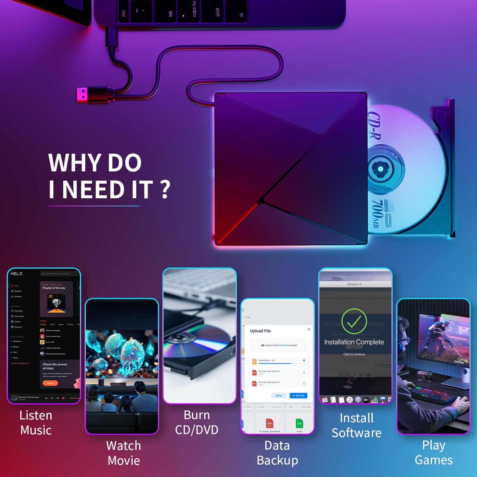Zewnętrzny napęd CD DVD z RGB, USB 3.0 i USB-C, zewnętrzny, nagrywarka CD DVD +/-RW ROM, optyczny, zewnętrzny napęd DVD do laptopa, komputera stacjonarnego, MacBooka, iMaca, Windows 11/10/8/7/XP/Linux
