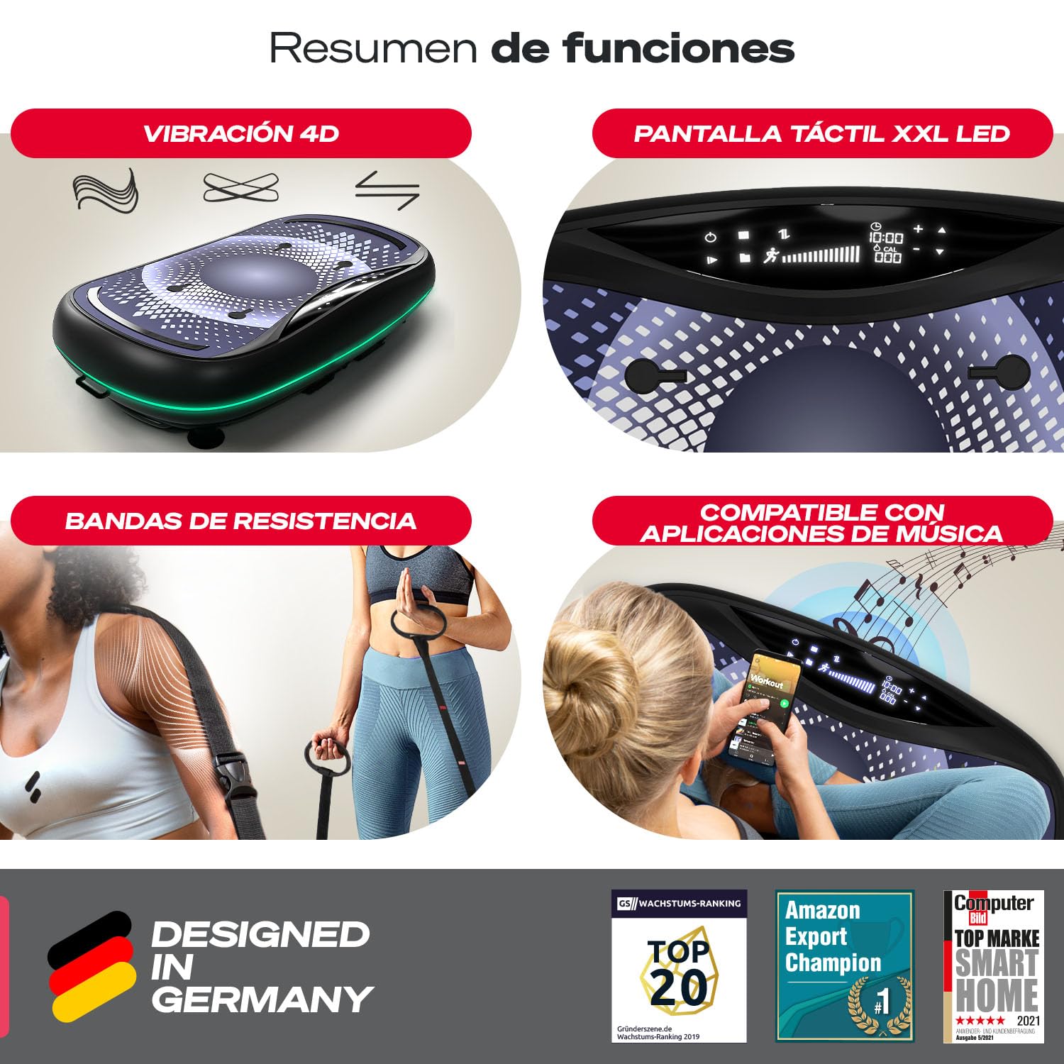 Sportstech - VP500 Plataforma Vibratoria, 4D Premium Plataforma Vibraciãn Muscular, Smart Plataforma Vibratoria Fitness con Digital Touch Integrado, Accionado por 3 Motores, 60 Niveles de Velocidad