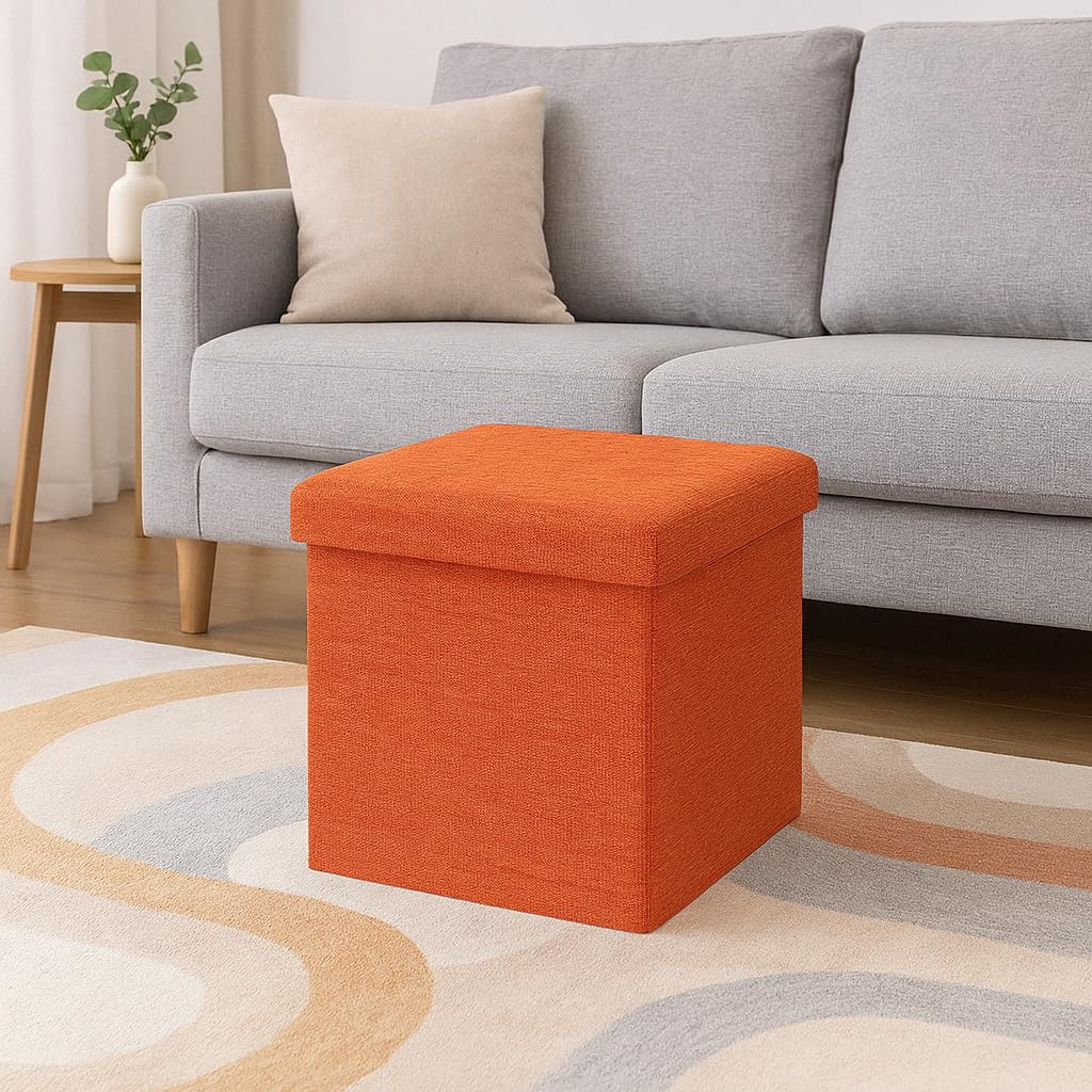 ABTRIX with AB Fabric Folding Organizer Storage Ottoman Bench Footrest Stool Coffee Table Cube, Camping Fishing Toys Chest Stool, Quick and Easy Assembly, 22L Capacity, Padded (30X30X30 Cm, Orange)