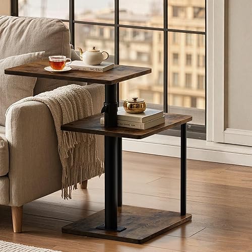 Miniatura 7 de Mesa auxiliar giratoria de 360 para altura ajustable, mesa auxiliar en forma de C para sofá con almacenamiento, mesita de noche de 3 niveles con