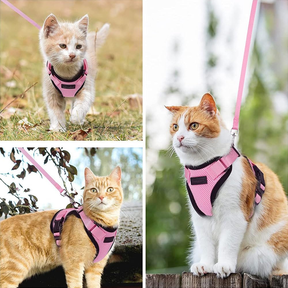 Voarge Katzengeschirr, verstellbar, mit 150 cm Leine, Sicherheits-Katzengeschirr für kleine mittelgroße große Erwachsene Katzen, Welpen, Katzengeschirr für Spaziergänge, Reisen (Rosa, S)