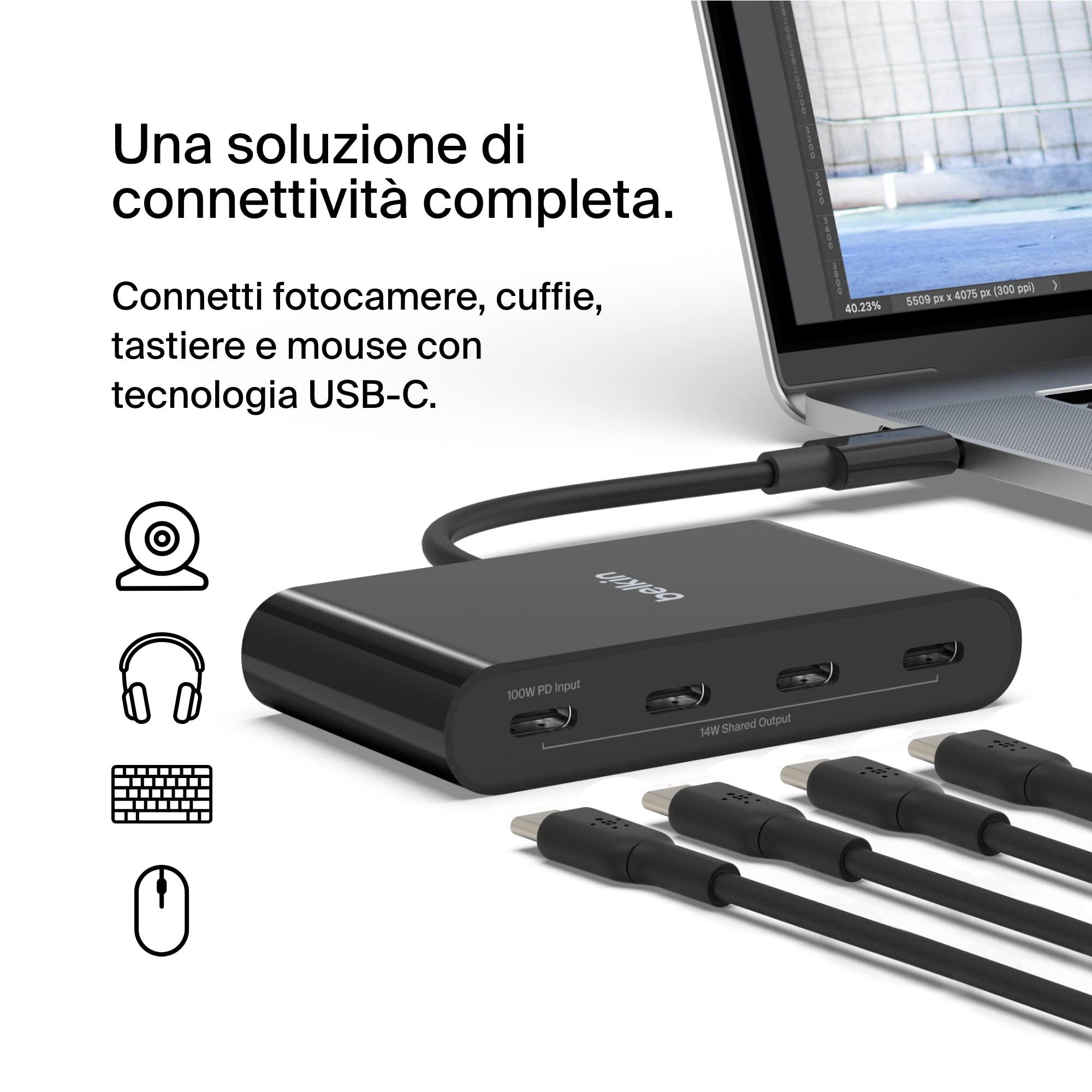 Belkin CONNECT Hub da USB-C™ a 4 porte USB-C, adattatore multiporta con 4 porte USB-C 3.1 Gen 2 e PD fino a 100 W con velocità dati di 10 Gbps, per MacBook, iPad, Chromebook, PC e altri dispositivi