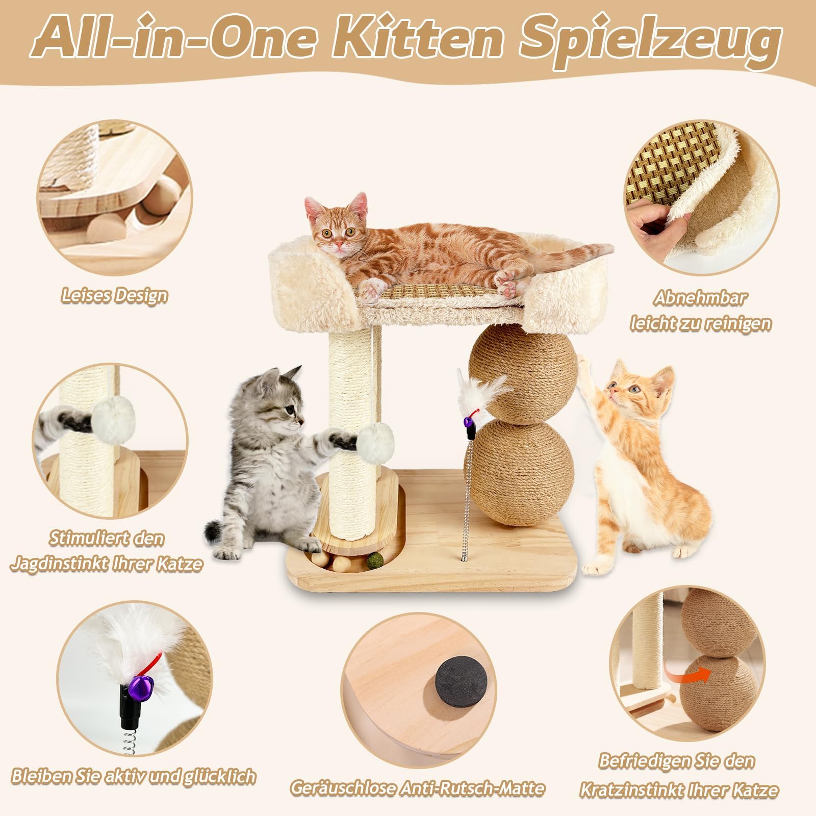 Juguete interactivo para gatos de madera 6 en 1, muebles para gatos con bolas colgantes, bola giratoria Smart Track Ball, alfombrilla de refrigeración para cama de gatos, plumas, árbol rascador de