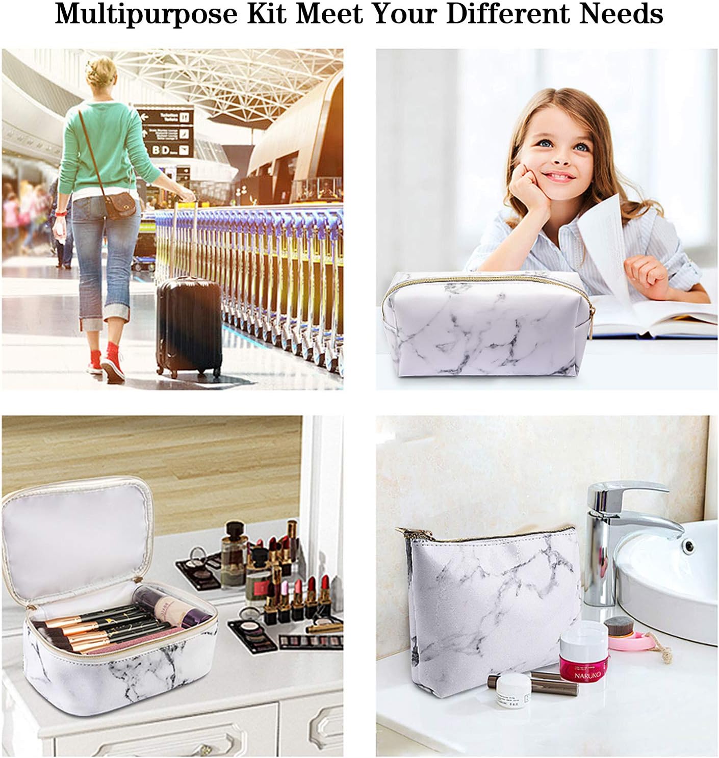 MAGEFY 3Pcs Makeup Bags Portable Travel Cosmetic Bag Waterproof Organizer Multifunction Case with Gold Zipper Marble Toiletry Bags for Women : Beauty & Personal Care