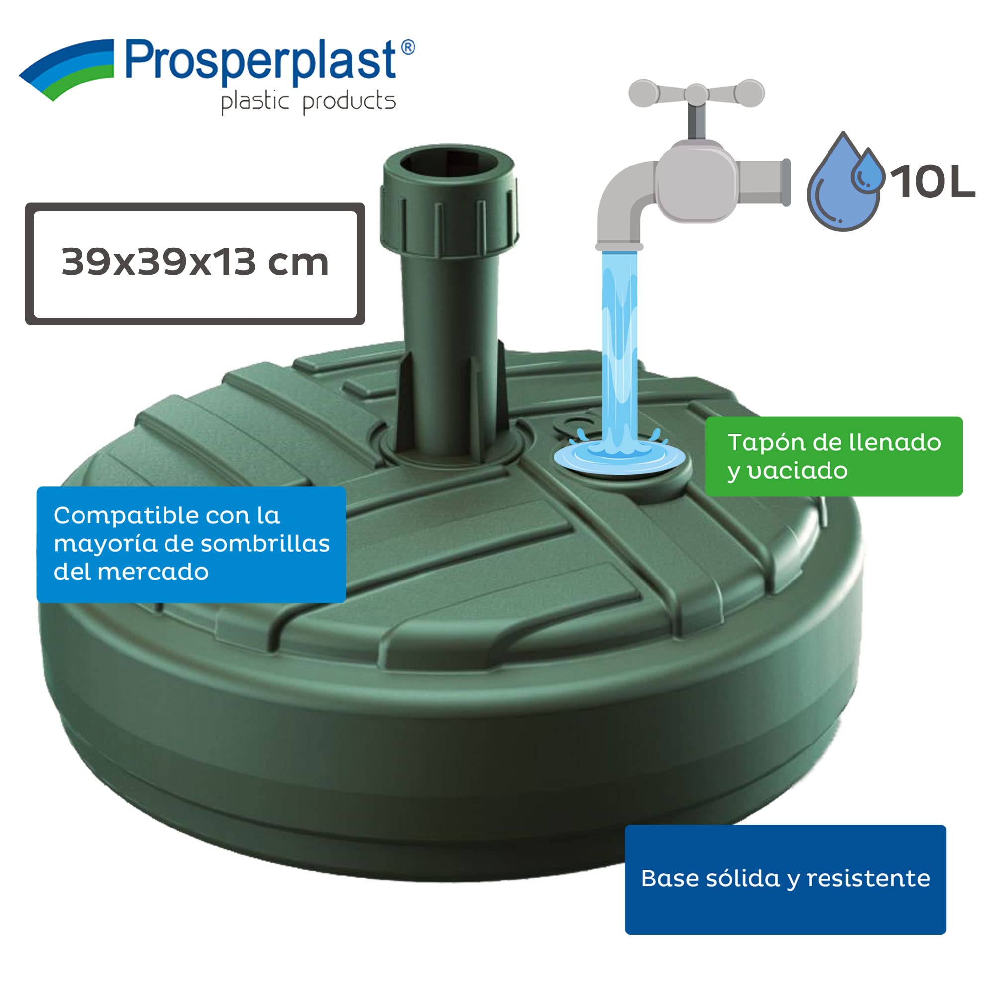 PROSPERPLAST Base de parasol polyéthylène rond Ø 39 x 13 cm vert
