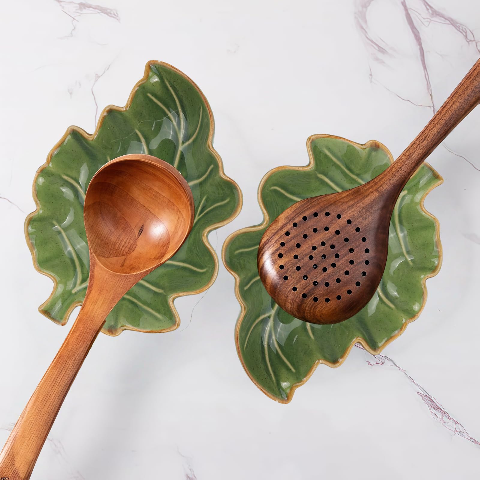 Soporte de Cuchara de Cerámica en Forma de Hoja para Cocinar, Dulce Soporte Verde para Cucharón en la Estufa, Gran Soporte de Porcelana para Espátula en la Encimera de Cocina, Decoración