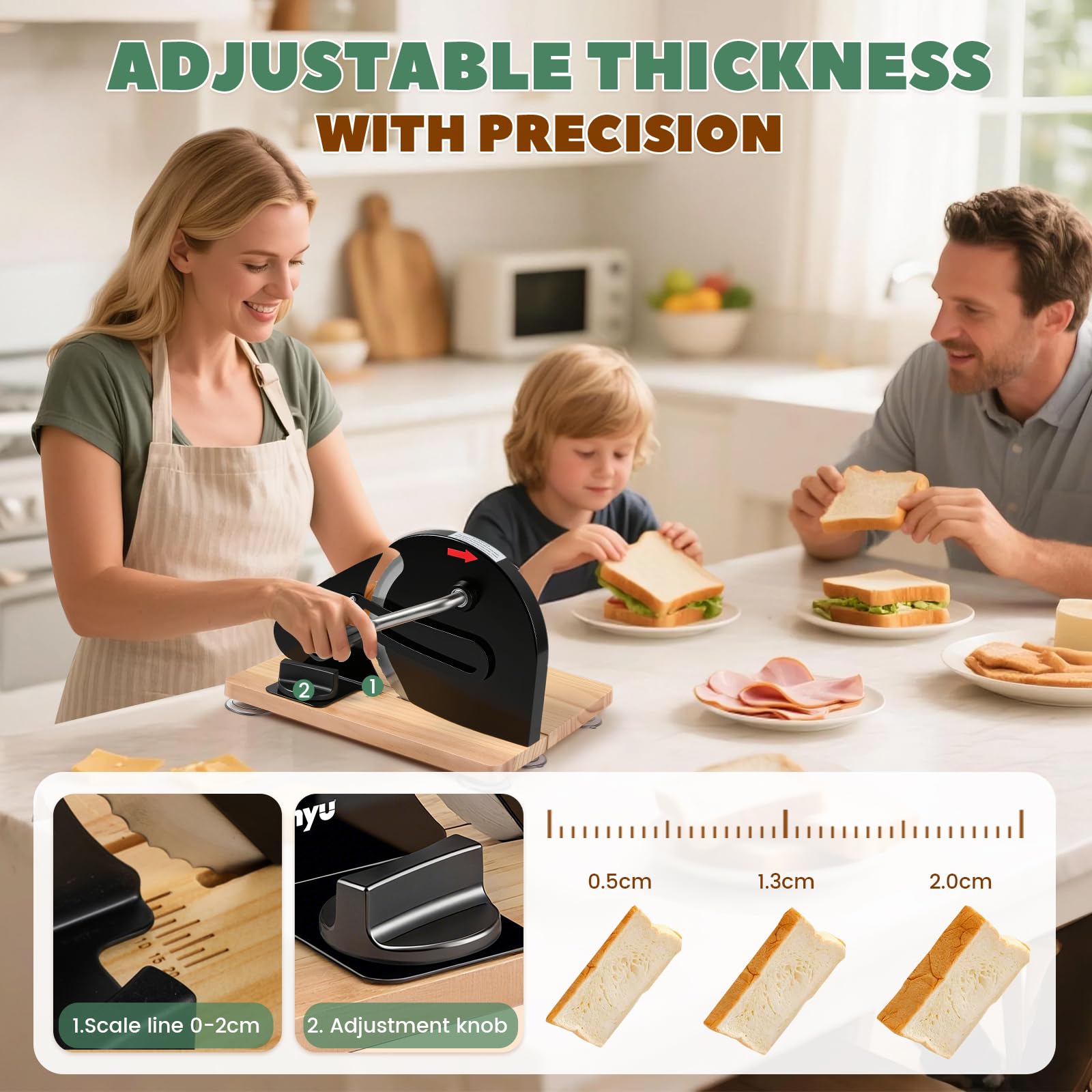 Huanyu Affettatrice manuale per pane con spessore regolabile da 0 a 2 cm Affettatrice pieghevole per pane a lievitazione naturale con ventose (Nero)