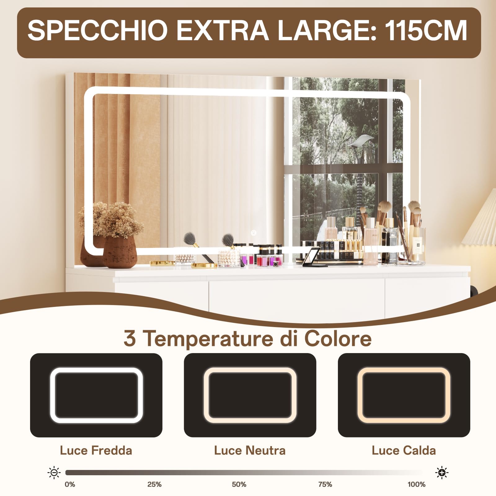 TRIUMPHKEY Toeletta Trucco con Grande LED Specchio,Postazione Trucco con Sgabello,Tavolo da Trucco con 7 Cassetti e 2 Prese, 1 USB-A e 1 USB-C,Camera da Letto,Bianco