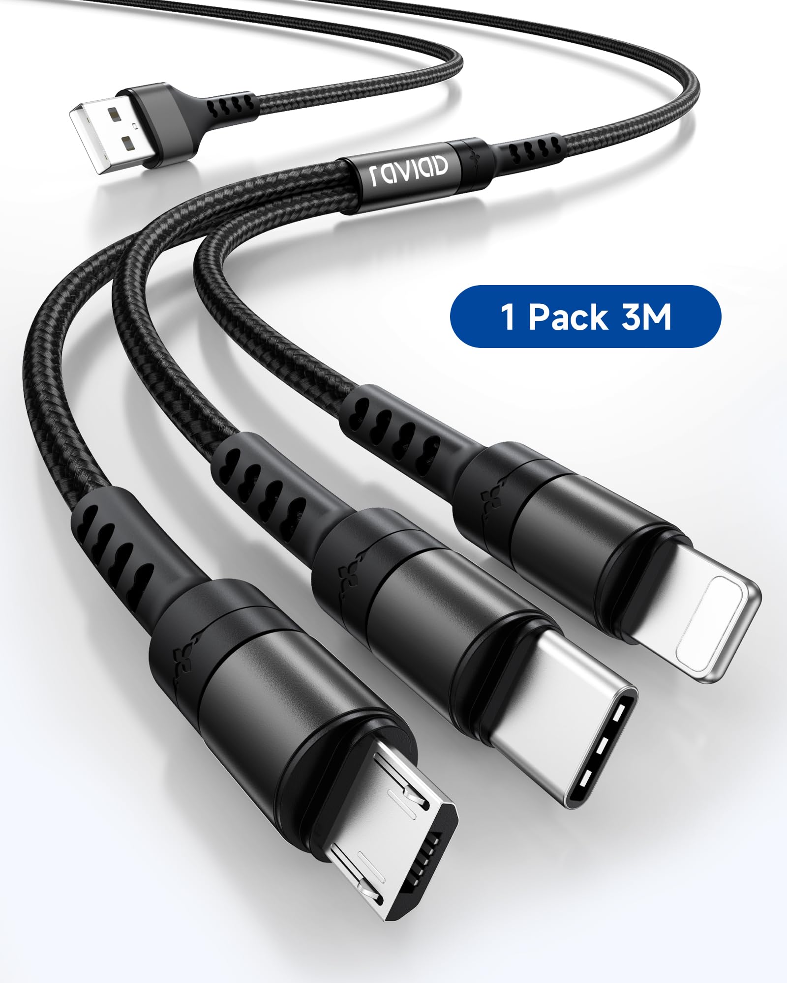 RAVIAD Multi Cavo di Ricarica Lungo [3M], 3 in 1 Multiplo Cavetto con Micro USB Tipo C Lightning interfaccia Cavo Caricatore Multiplo per iPhone, Samsung Galaxy, Kindle- Nero