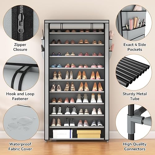 Miniatura 4 de ROJASOP Zapatero con cubiertas, estante apilable de 10 niveles de alto para zapatos, 50-55 pares de zapatos y botas, organizador vertical de gran