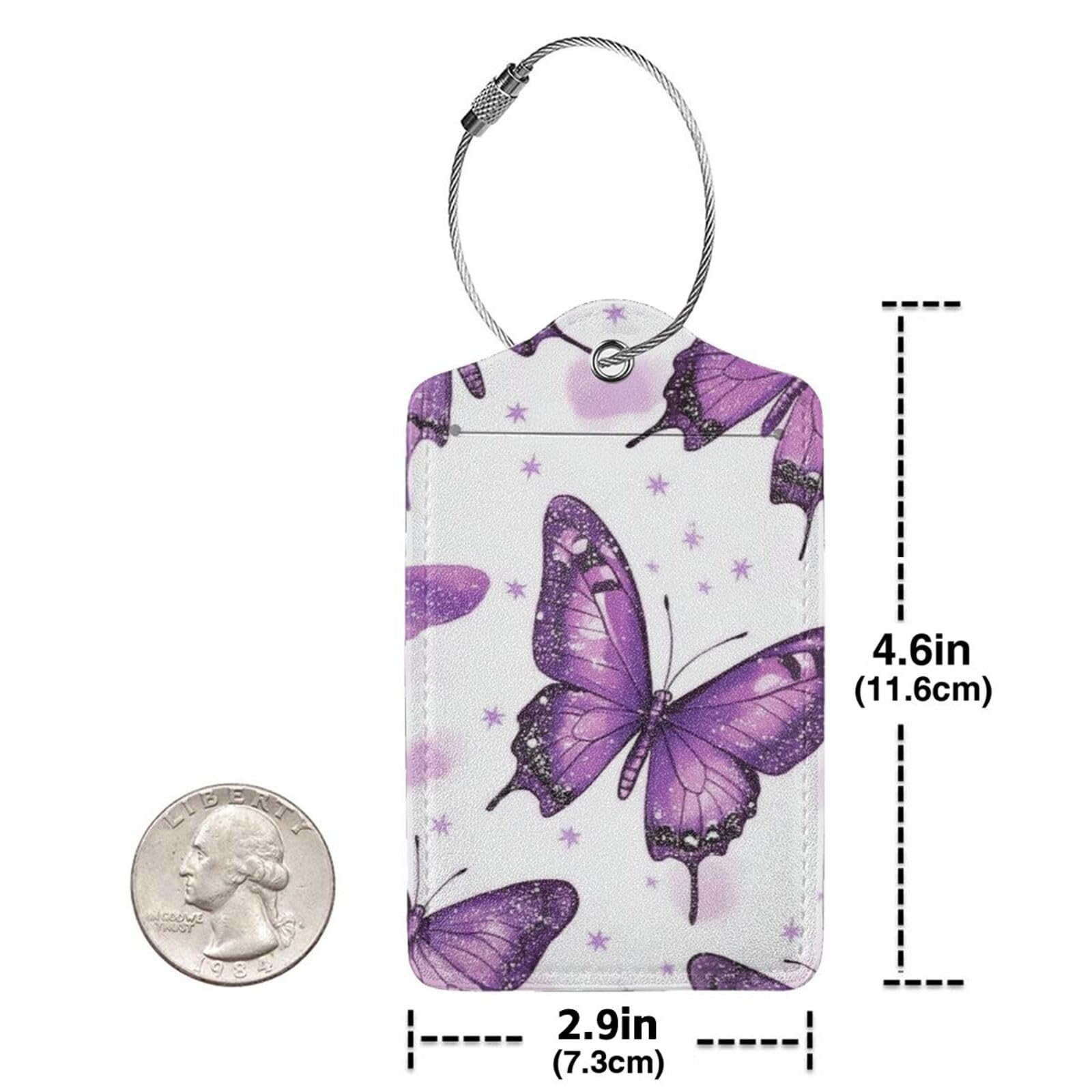 4 etichette per bagagli in pelle PU per valigie, etichette per bagagli con farfalla viola sognante con anello in acciaio inossidabile, etichetta identificativa per la privacy, per donne e uomini