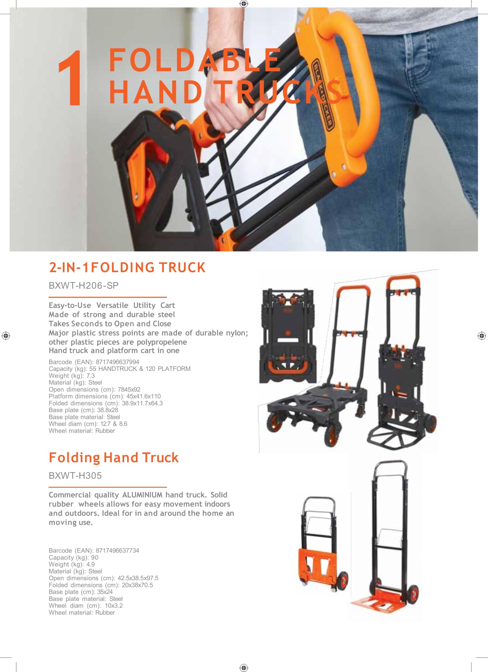 Black+Decker 2-en-1 Carro y Caretilla Plegable - Carretilla de Carga MAX. 55KG - Caretilla de Mano MAX. 120KG - Carro Plataforma con Ruedas Robustas - Plástico/Acero
