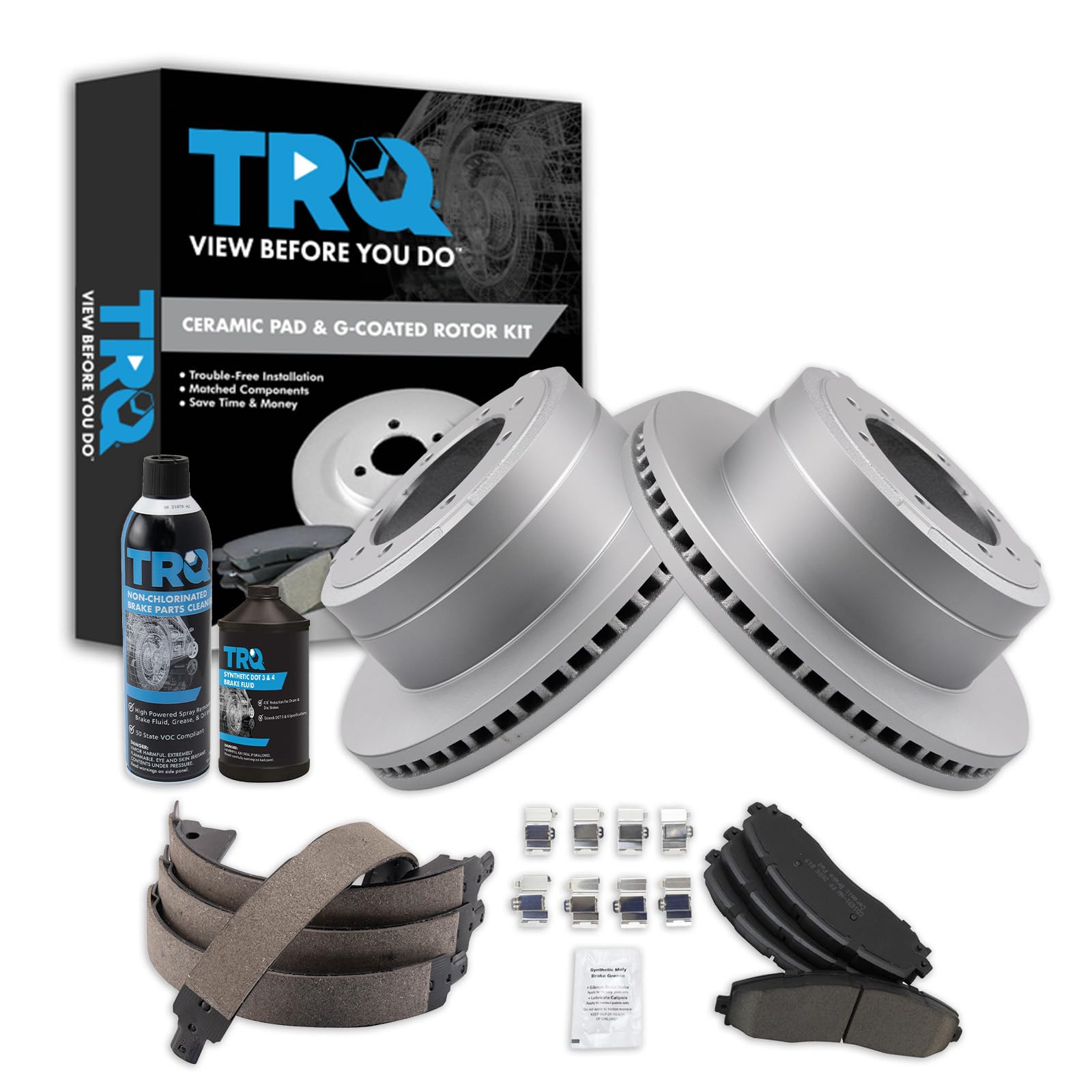 TRQ Rear Brake Pad &amp; Rotor Kit, with Chemical Kit Parking Brake Shoe Set Ceramic Premium G-Coated Compatible with 2013-2019 Ford F-350 Super Duty 2013-2014 F-450 Super Duty