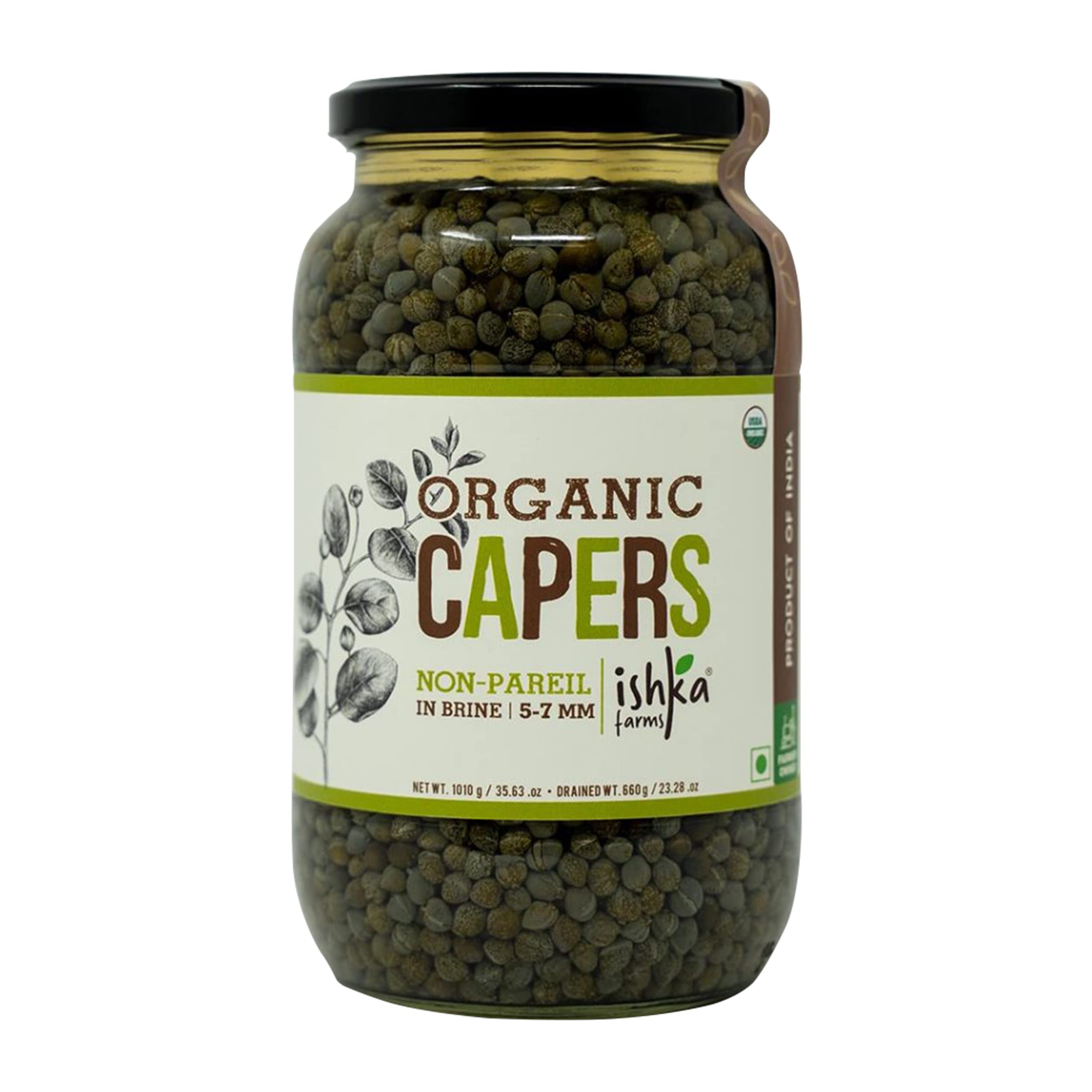Ishka Farms Organic Capers Non-Pareil in Brine - 1010g, [5-7mm] Perfect for Garnishing on Pizza, Pasta & Sandwiches, Kair, Ker, Keir