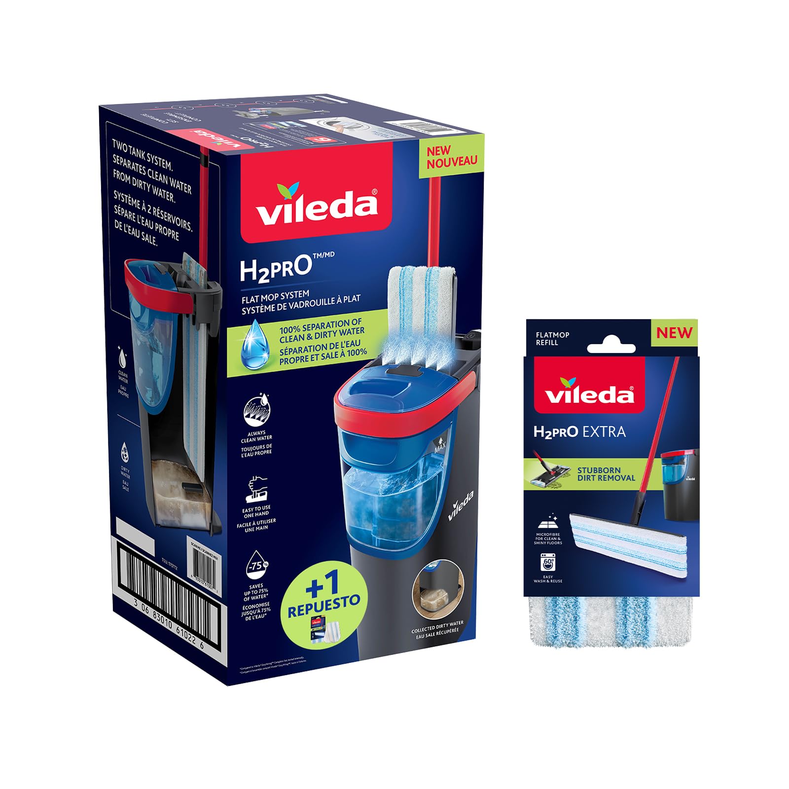 Vileda H2prO - Sistema di pulizia per mocio piatto che separa l'acqua pulita dalla sporcizia.