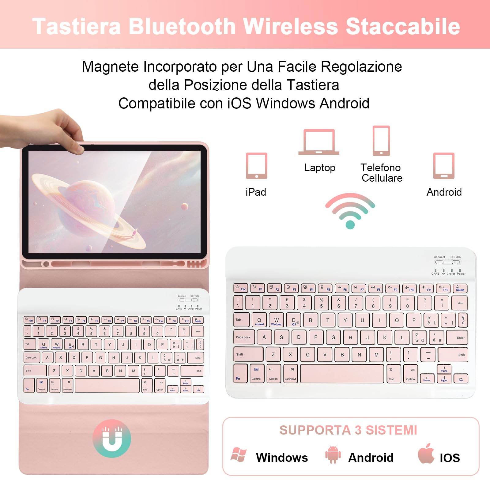 SOPPY Custodia con Tastiera per iPad Air 11 pollici (M3 2025 / M2 2024) e Air 4a/5a Gene e iPad Pro 11 pollici (1a/2a/3a/4a), Cover con Tastiera Staccabile, con Slot per Penna Stilo, Rosa