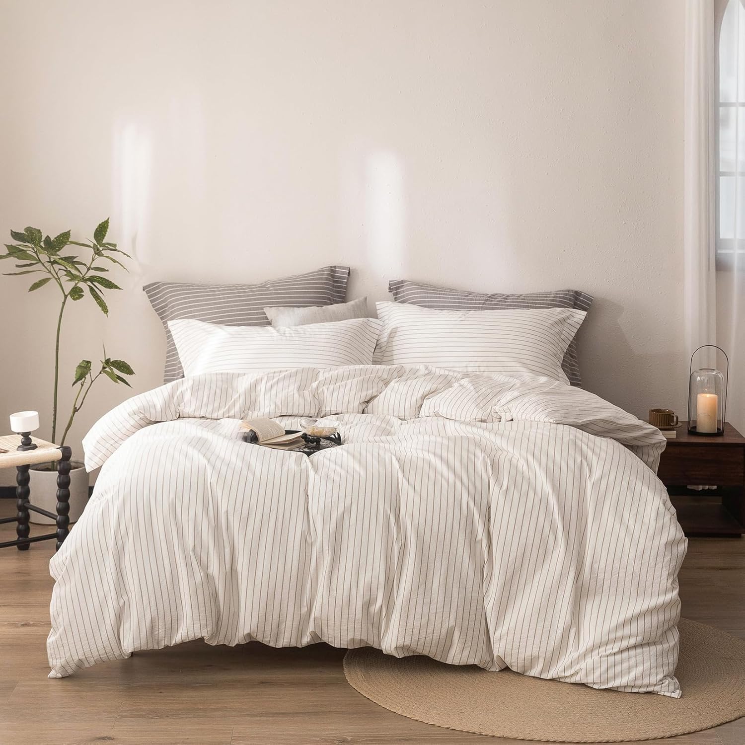 Warm Moment Stripe Duvet Cover Super King Size 108inch x 98inch,100% Washed Cotton Linen Feel Duvet Cover with Zipper Closure and 2 Pillowcases, Color of Off White-Linen Grey Stripe