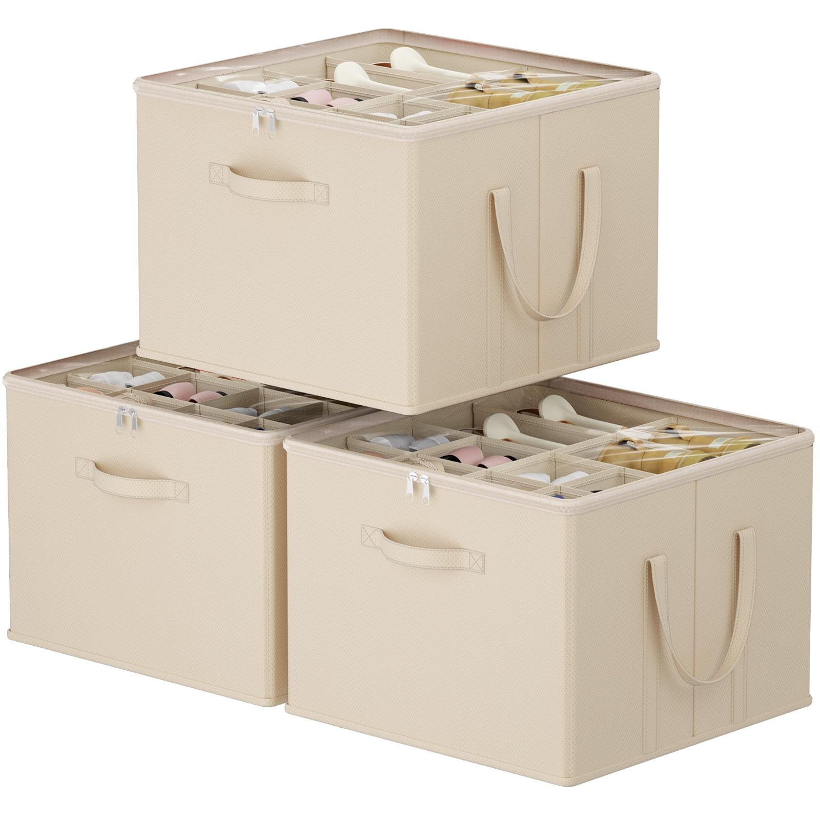 Lifewit Organizador Zapatos para Armario, Caja Almacenaje para 12-16 Pares con Tapa de PVC Transparente, Zapatero Plegable con Divisiones para Zapatillas y Botines, 43 x 43 x 31 cm, Beige, 3 Piezas