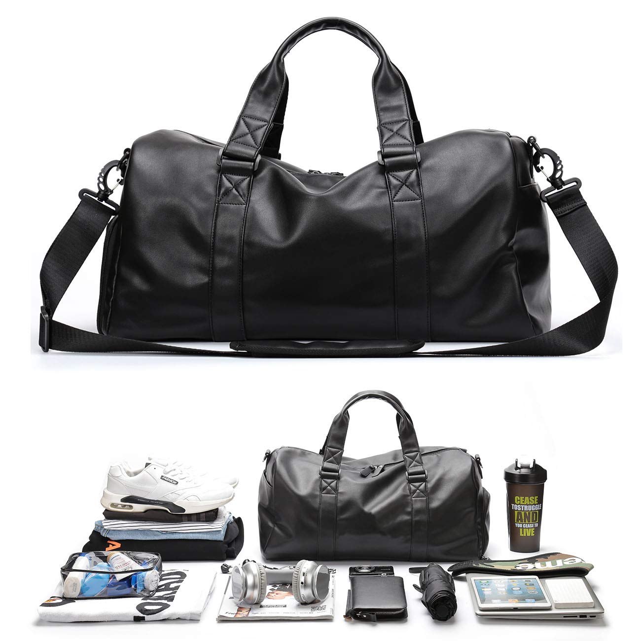 Neuleben - Bolsa de Deporte de Piel sintética con Compartimento para Zapatos, Impermeable, para Mujer, para Hombre, 30 L, Color Negro, tamaño Talla única, Volumen 30liters