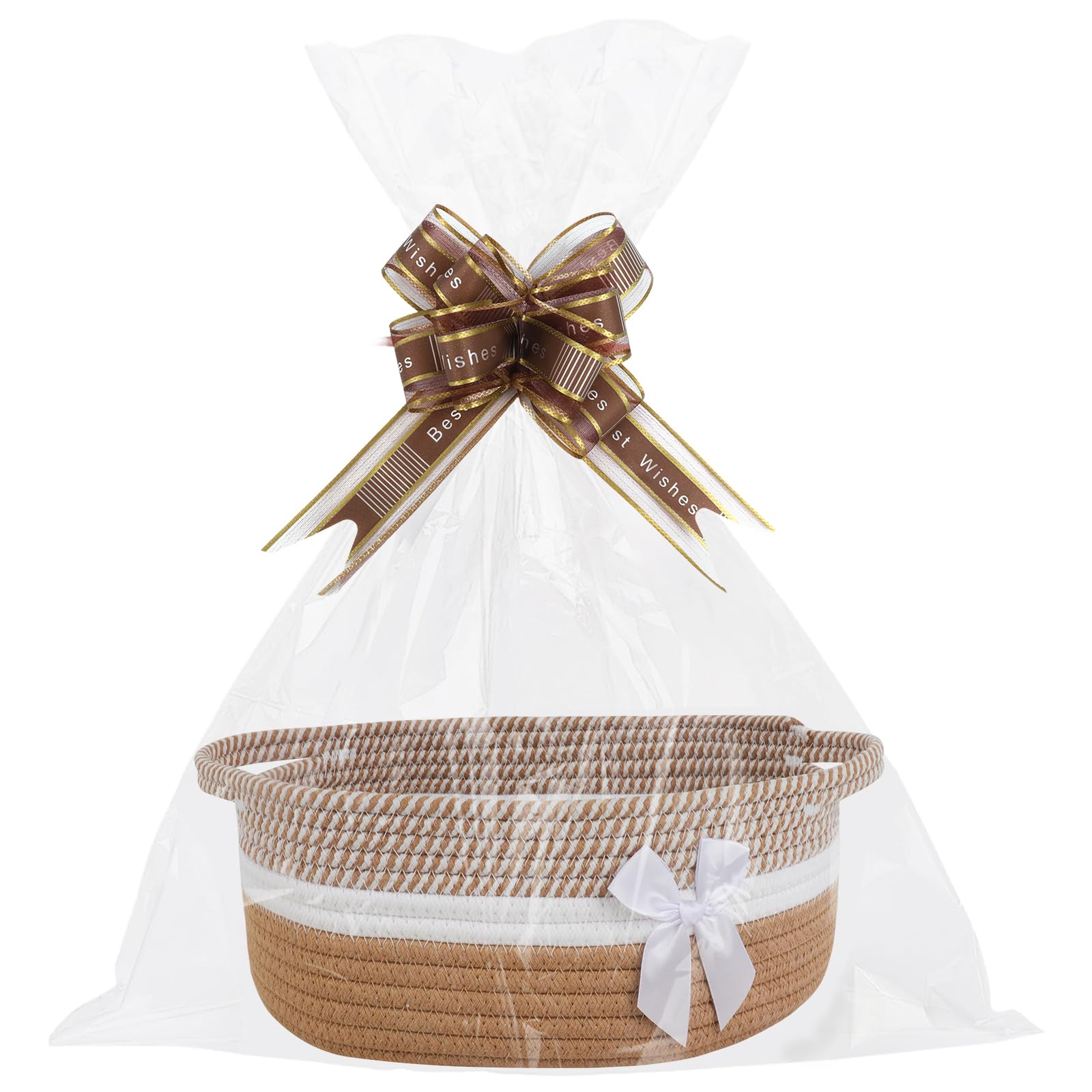 Lotvic Gift Basket, Hamper Kit, Empty Hamper Basket with Cellophane Bags and Pull Bows, Gift Baskets with Handles, Woven Gift Baskets for Baby Shower, Wedding, Birthday, Housewarming (Khaki & White)
