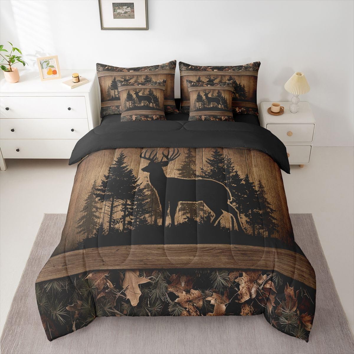Erosebridal 7 Piece Farmhouse Deer Full Bed in A Bag Camo Woodland Hunting Comforter Set with Sheets | for Kids Boys Teen Men,Rustic Cabin Bed in A Bag Wildlife Animal Print Bed Set Country Decor