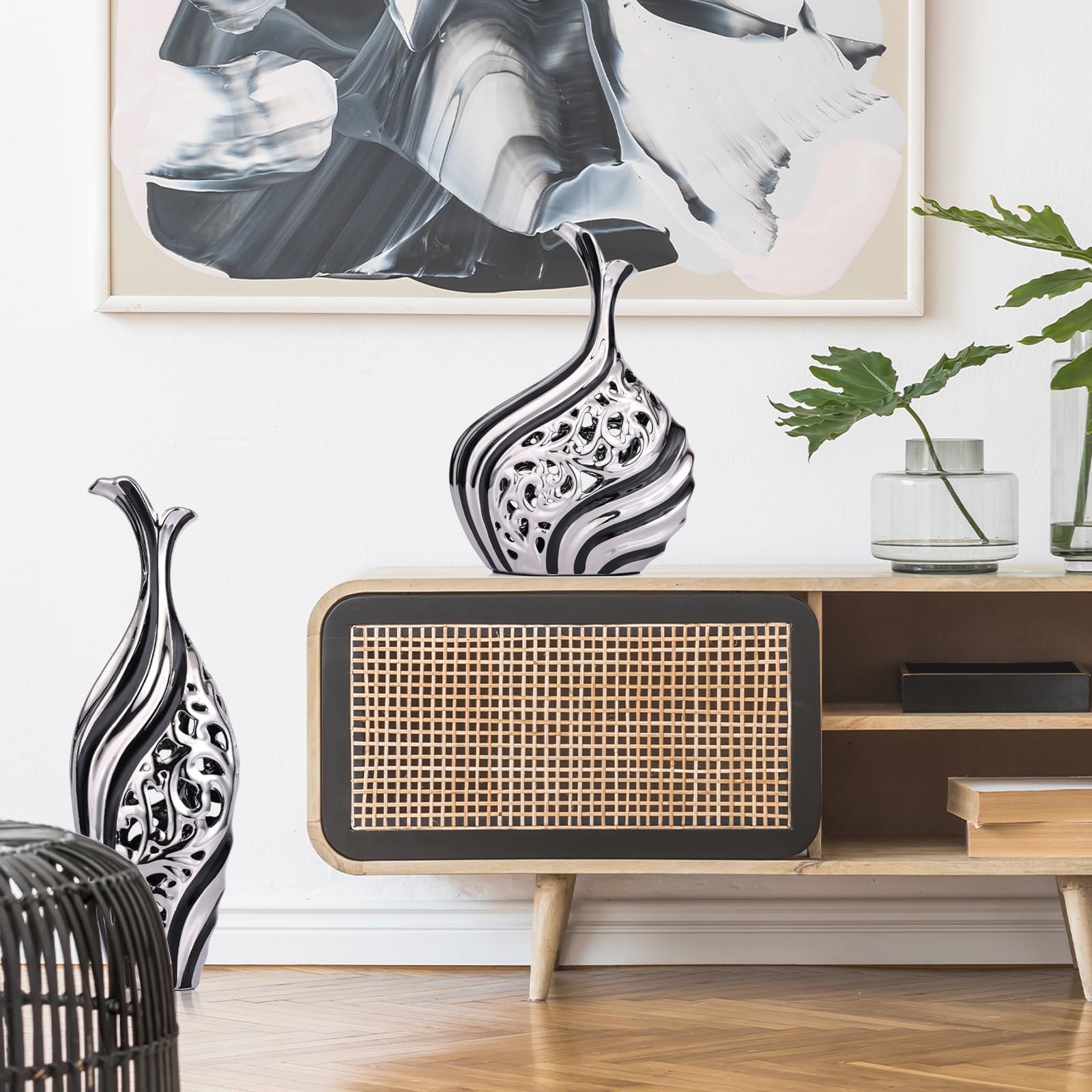 LCCCK Jarrón Alto Decorativo de Piso de 50 cm de Altura, Moderno Jarrón Grande de Piso Negro y Plateado, Decoración Premium para Bodas, Jarrón de Flores Individuales para Hierba de Las Pampas