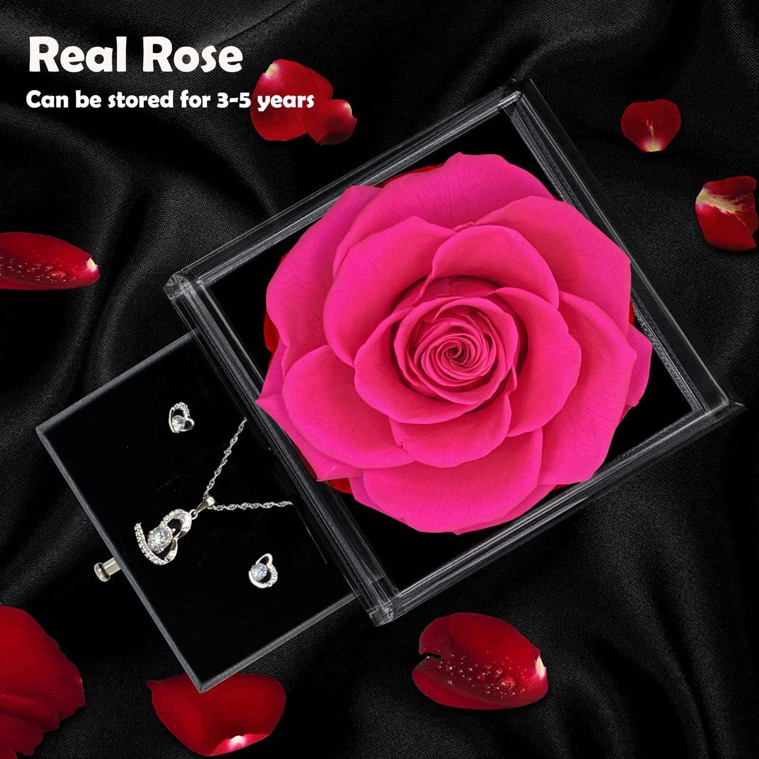 Regali per le donne, Eterna Vera Rosa con Cuore Collana e Orecchini in Argento Sterling 925, Infinity Rose Gift Box per San Valentino, Festa della Mamma, Natale