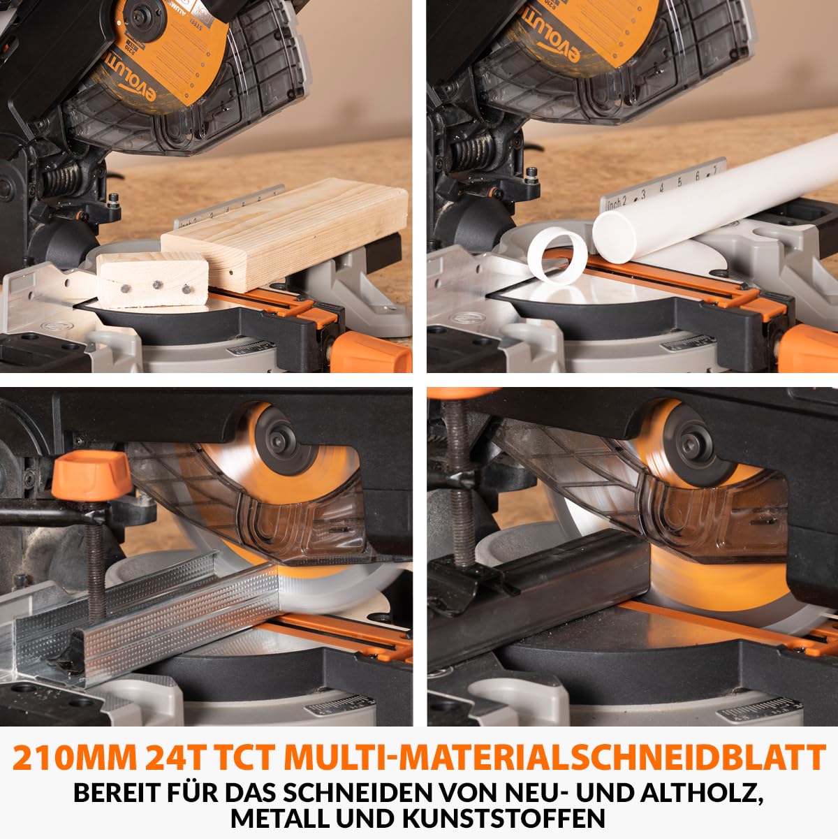 Evolution Power Tools R210MTS-G2 Vielseitige Kapp- und Tischsäge, kompakt, multifunktional, schneidet verschiedene Materialien, TCT-Sägeblatt für Holz, Kunststoff und Metall, 210mm