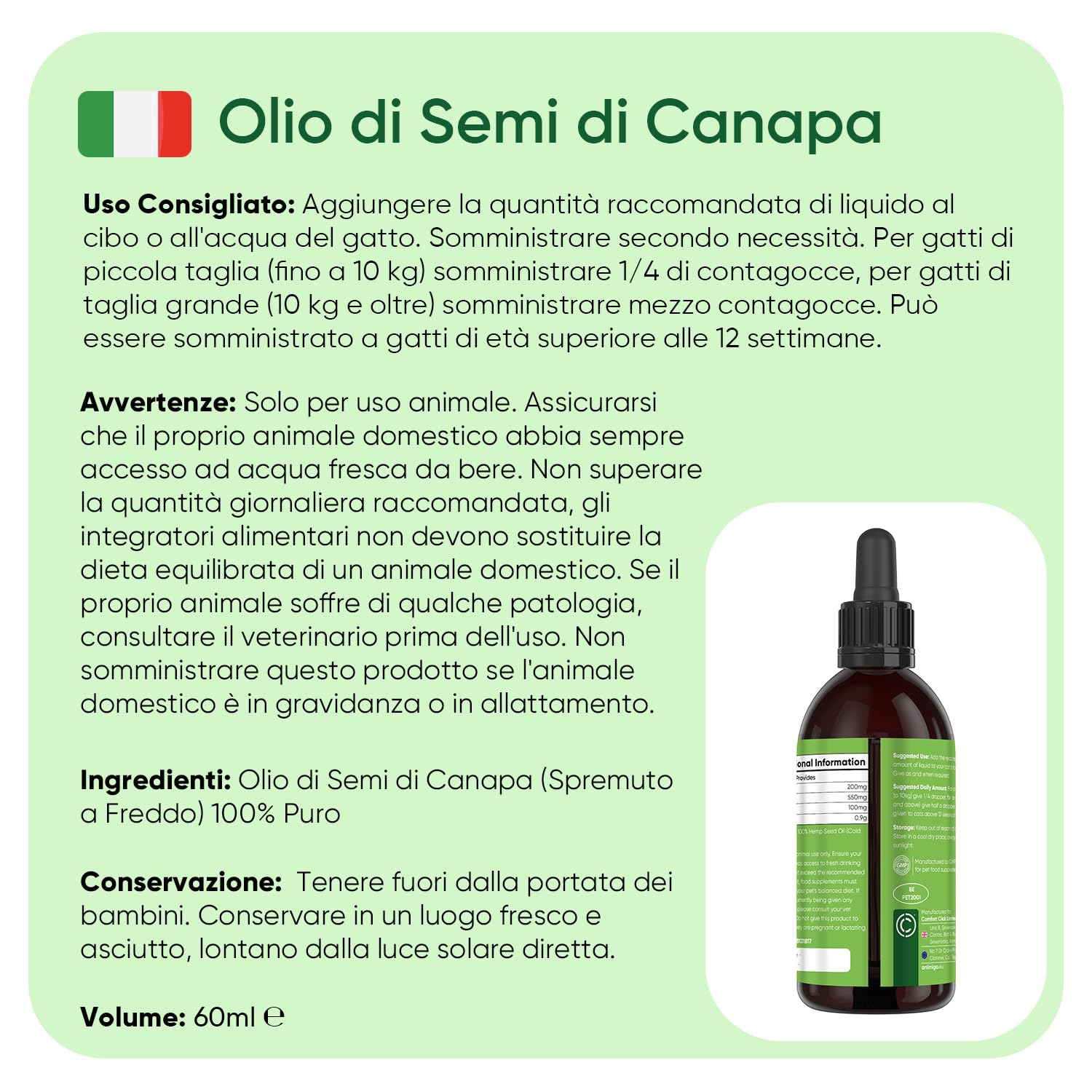 Olio di Semi di Canapa per Gatti, 100% Puro, Pressato a Freddo, Fonte di Omega 3, 6, 9, Gocce da 60ml, Adatto a Tutte le Razze, da 12 Settimane di Età, Completamente Privo di Additivi, Prodotto in UE