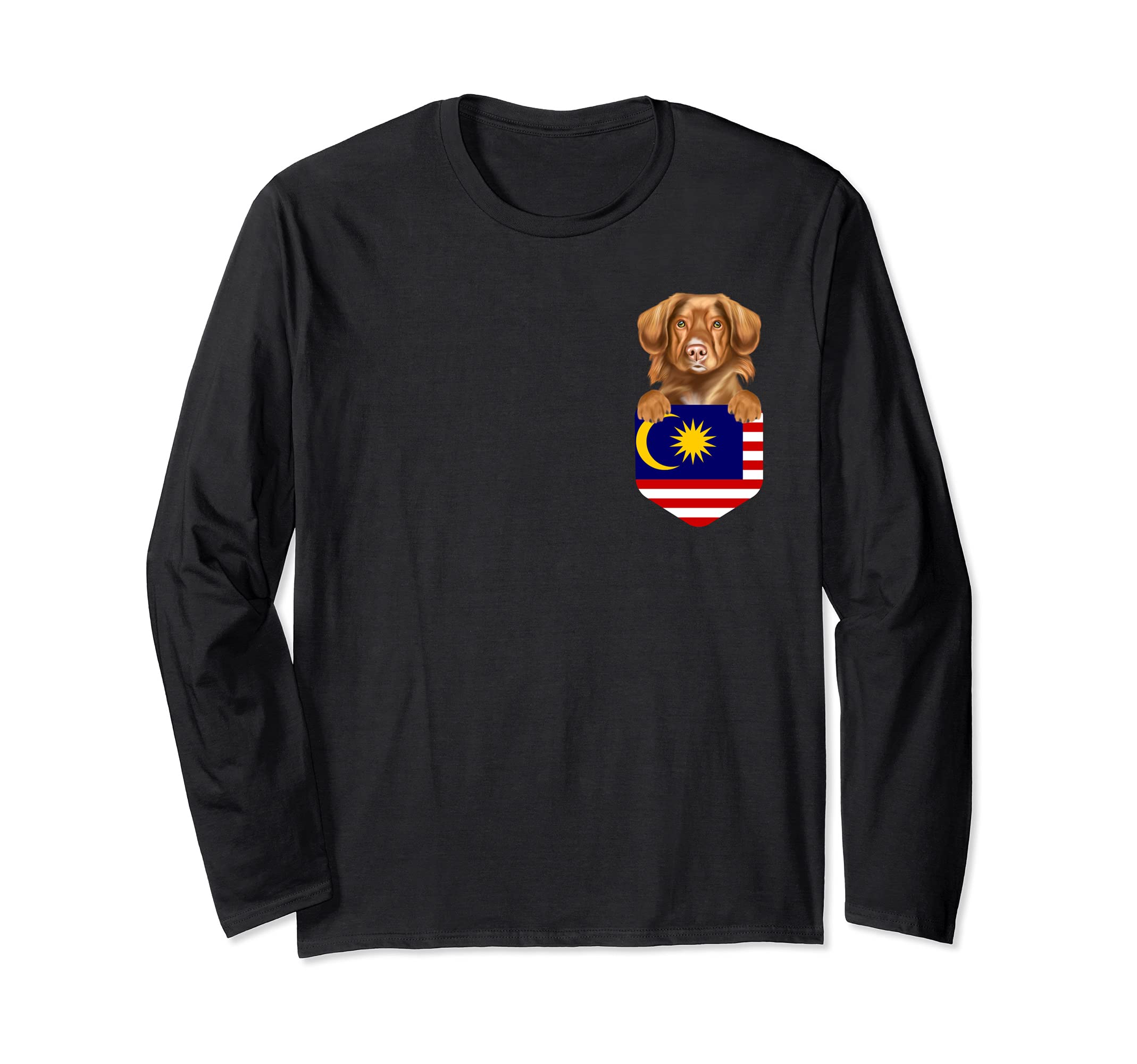 Malaysia Flag Duck Tolling Retrievers Dog In Pocket Long Sleeve T-Shirt, Black