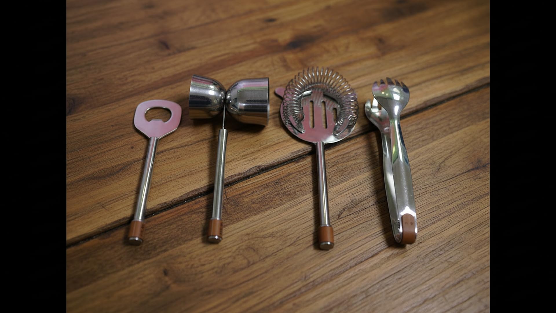 saki | stainless steel 4 pcs bartender kit bar set (ice tong, peg measure, opener & bar strainer)